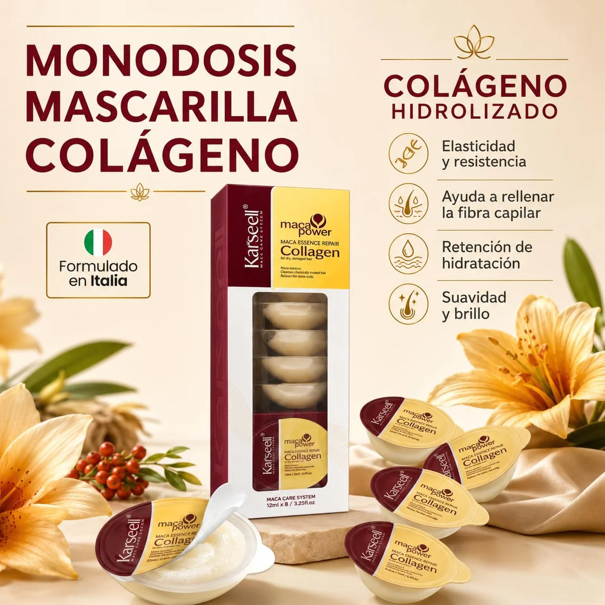 Karseell MACA CARE SYSTEM Mascarilla Capilar Colágeno Monodosis Reparación Intensa 12ml x 8
