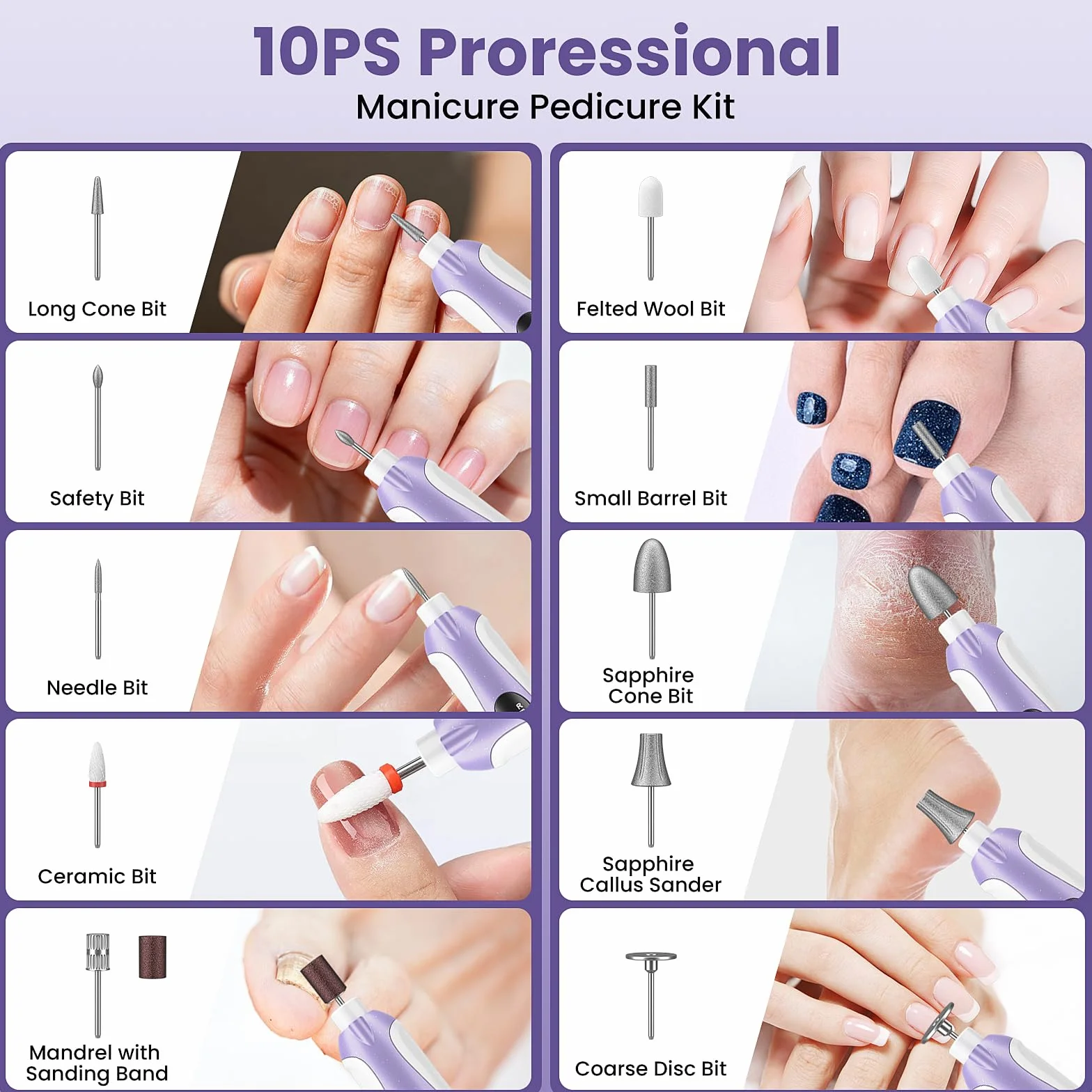 Taladro de uñas, lima de uñas eléctrica y lima de uñas inalámbrica de 10 velocidades, kit 10 en 1 para uñas gruesas, kit de manicura y pedicura portátil recargable de 2000 mAh con pantalla LED, regalo