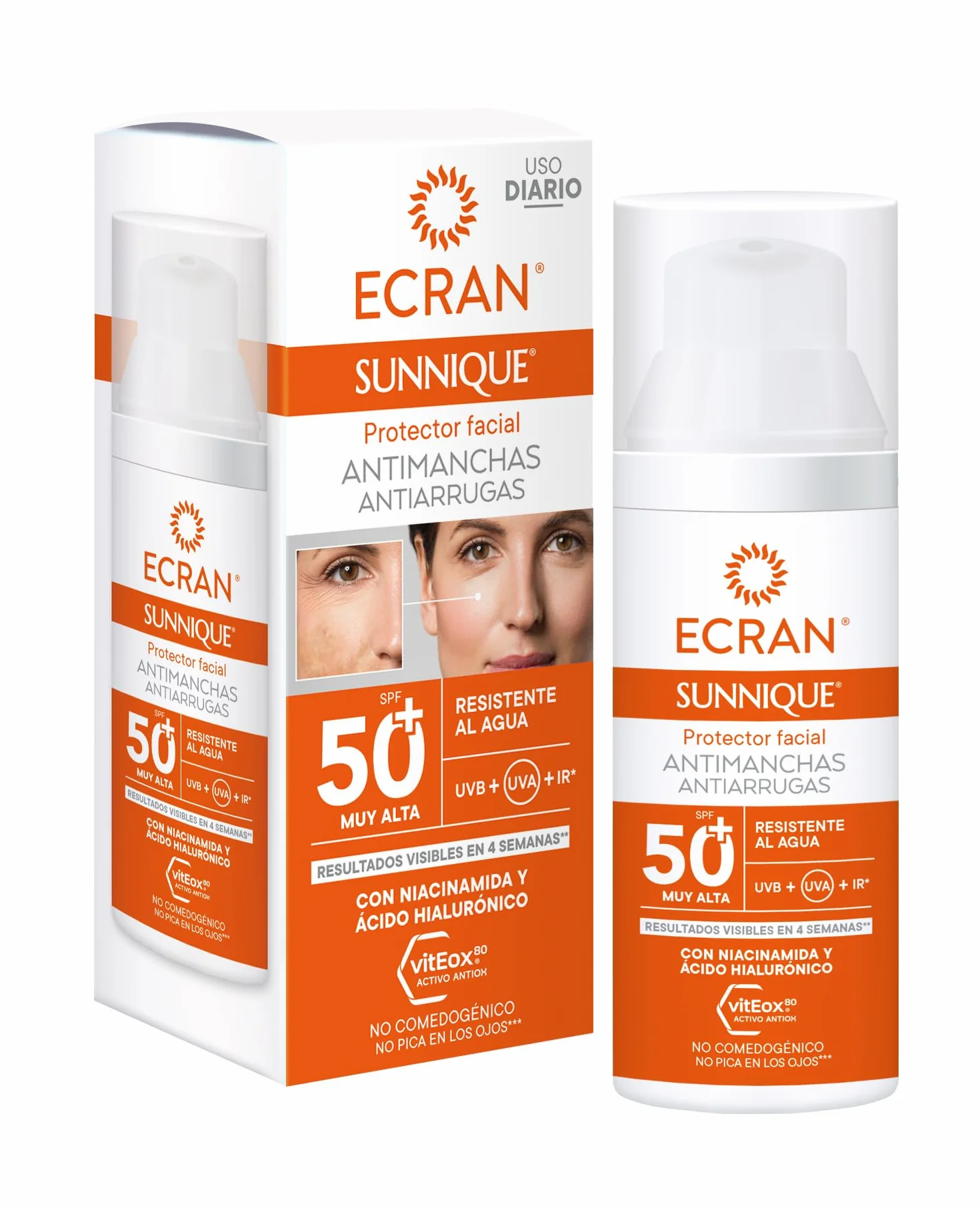 SUNNIQUE Protector Facial Antimanchas Antiarrugas SPF 50+ con Niacinamida y Ácido Hialuronico 50 ml
