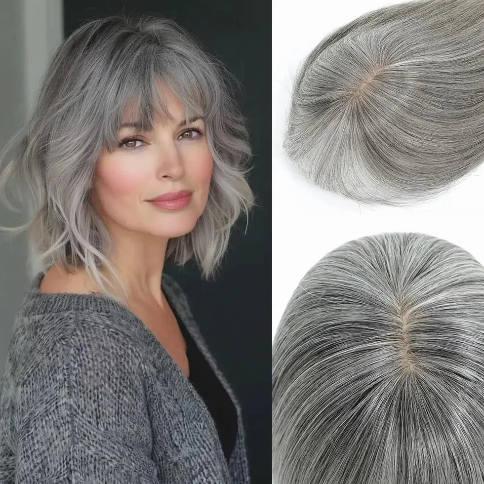 Topper para cabello humano para mujeres con cabello adelgazado, flequillo de cobertura 3D de 360°, base de seda 5 x 9 cm, mechones de densidad 150 extensiones de cabello (8 pulgadas, gris)