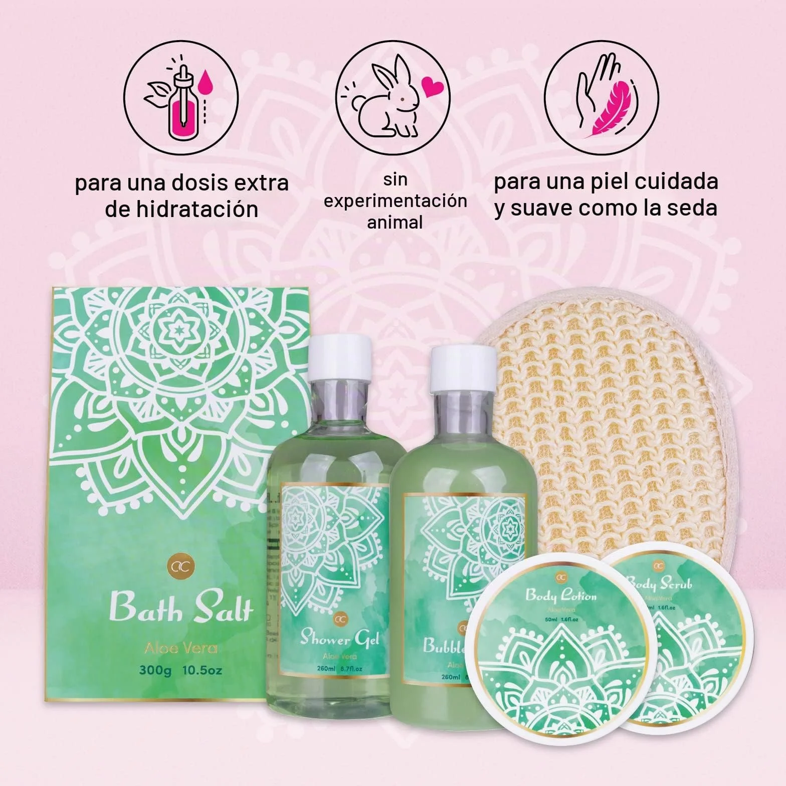 Set de ducha ALOE VERA para mujer en cesta de madera 6 piezas con gel, baño de burbujas, sal de baño y loción corporal