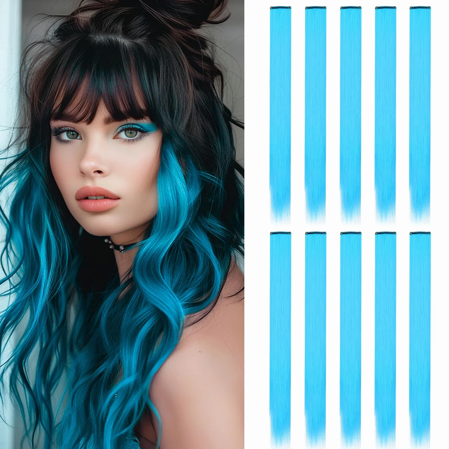 Extensiones de Pelo Azul 22 Pulgadas Lisas Sintéticas con Clip