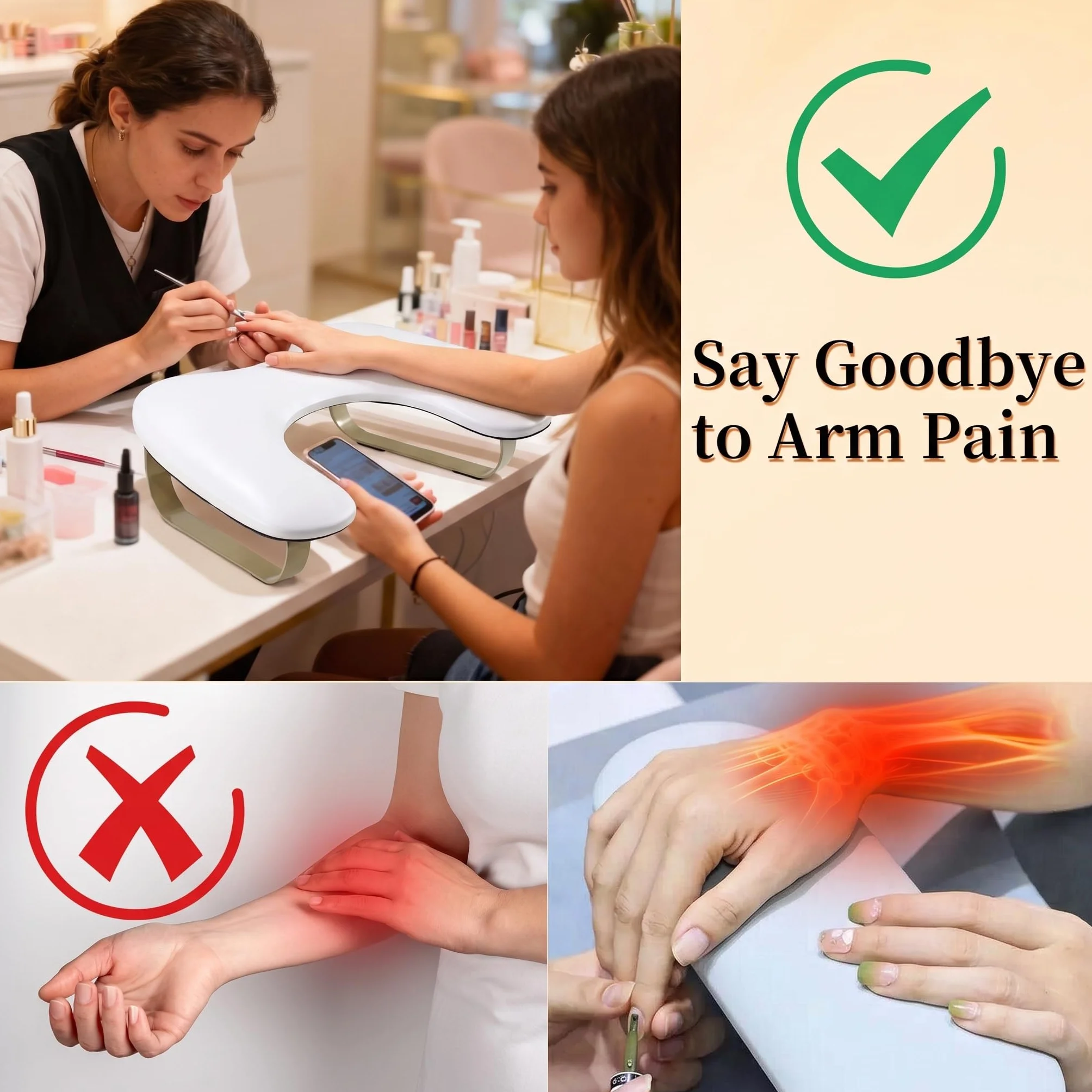 Reposabrazos para uñas en forma de U: reposabrazos para uñas con reposapiés curvado dorado, ángulo de inclinación de 45° para manicurista/salones de uñas