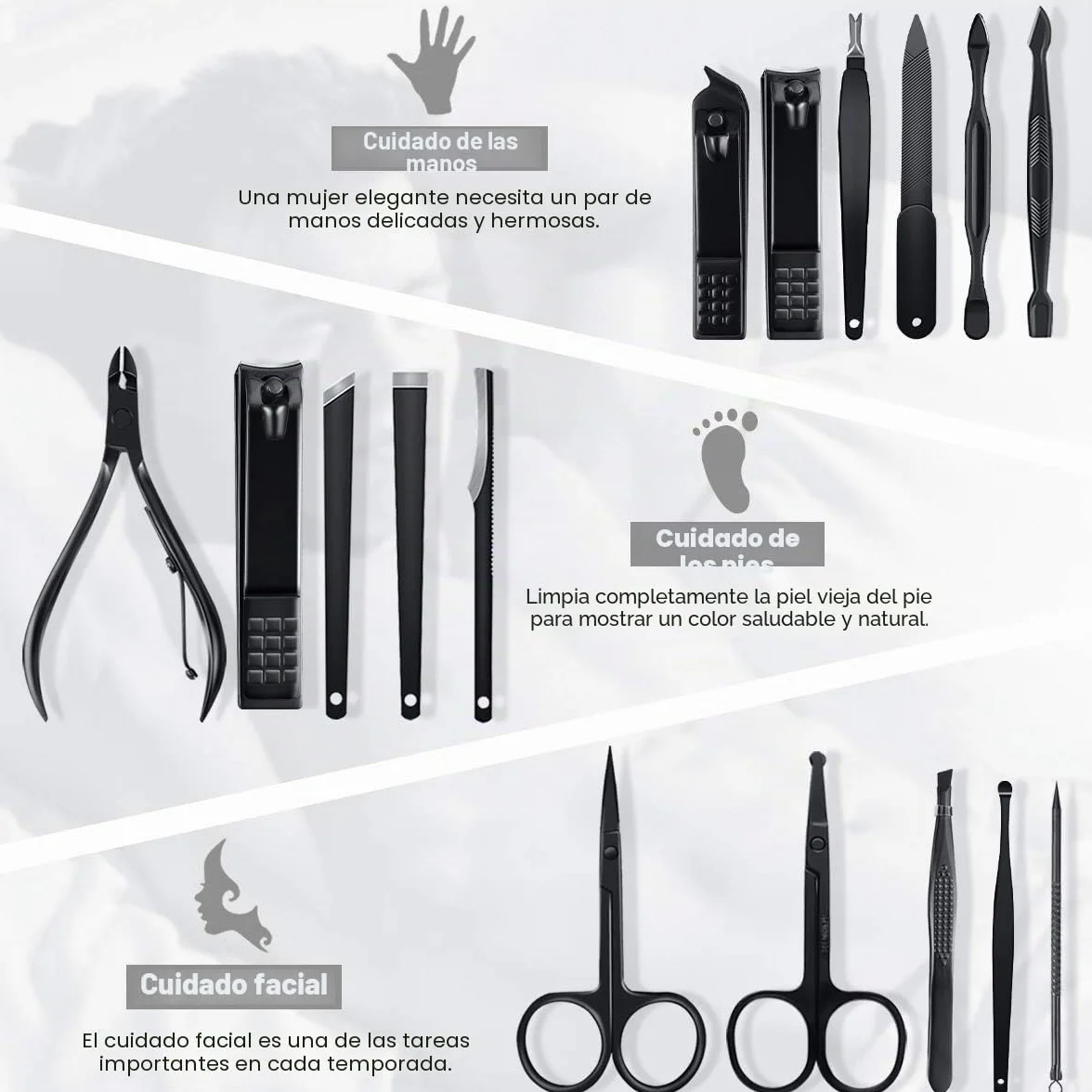 Set de Manicura y Pedicura Profesional 16 PCS Acero Inoxidable Cortaúñas con Estuche de Viaje Cuero (Negro)