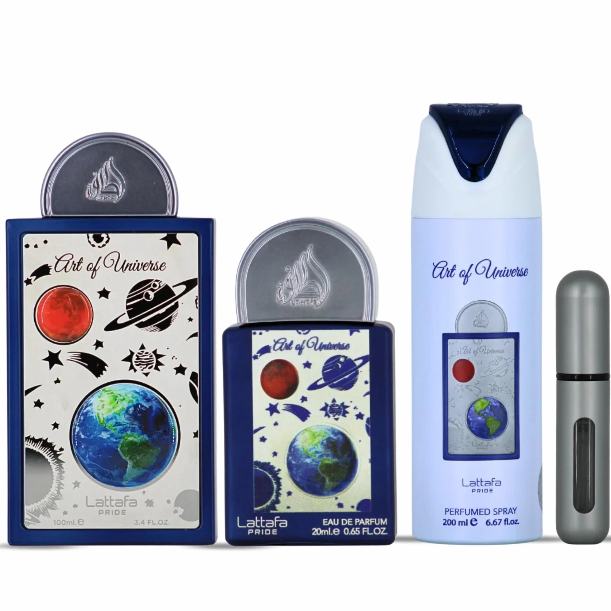 Lattafa Pride Art Of Universe Juego de regalo 3 piezas hombre EDP 100 ml spray corporal 200 ml EDP viaje 20 ml