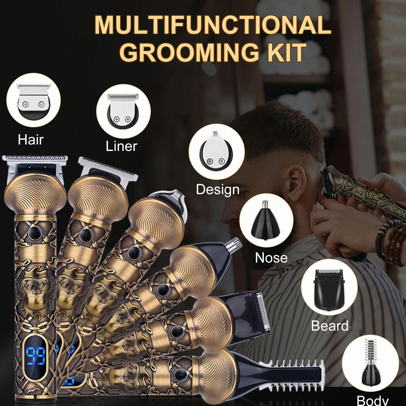Maquina de Afeitar Hombre Inalámbrico Cortapelos Kit 6 en 1 Recargable con LED