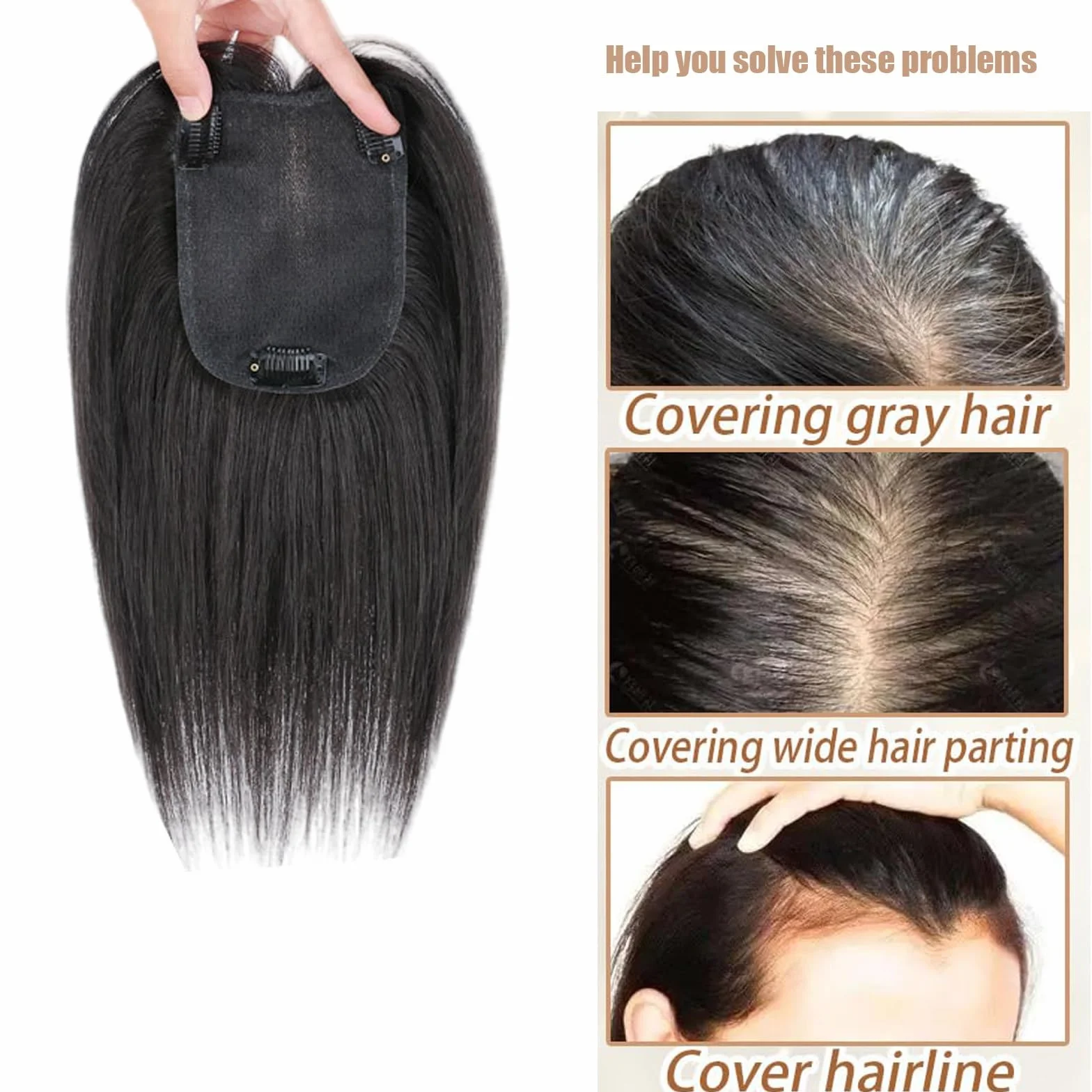 Toppers De Cabello for Mujeres Tupé De Cabello Humano Real for Cabello Fino Extensiones De Cabello Con Clip De 4" X 5" Postizo Atado A Mano Pelucas Con Cobertura 3D for Cubrir Canas(Black,25cm)