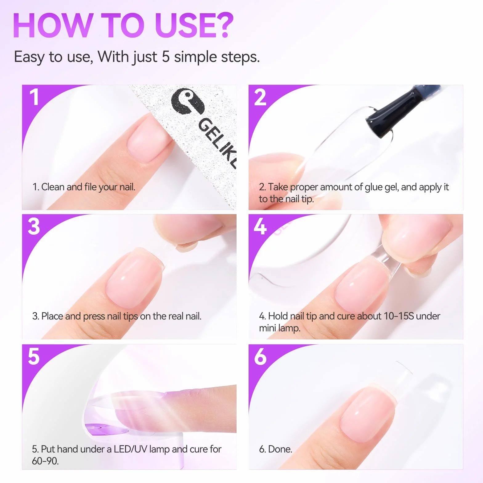 Gelike Pegamento Uñas Postizas Super Fuerte 6 en 1 Acrilicas Claro Tips Uñas A Presión Necesita Curar UV Lámpara 8ml