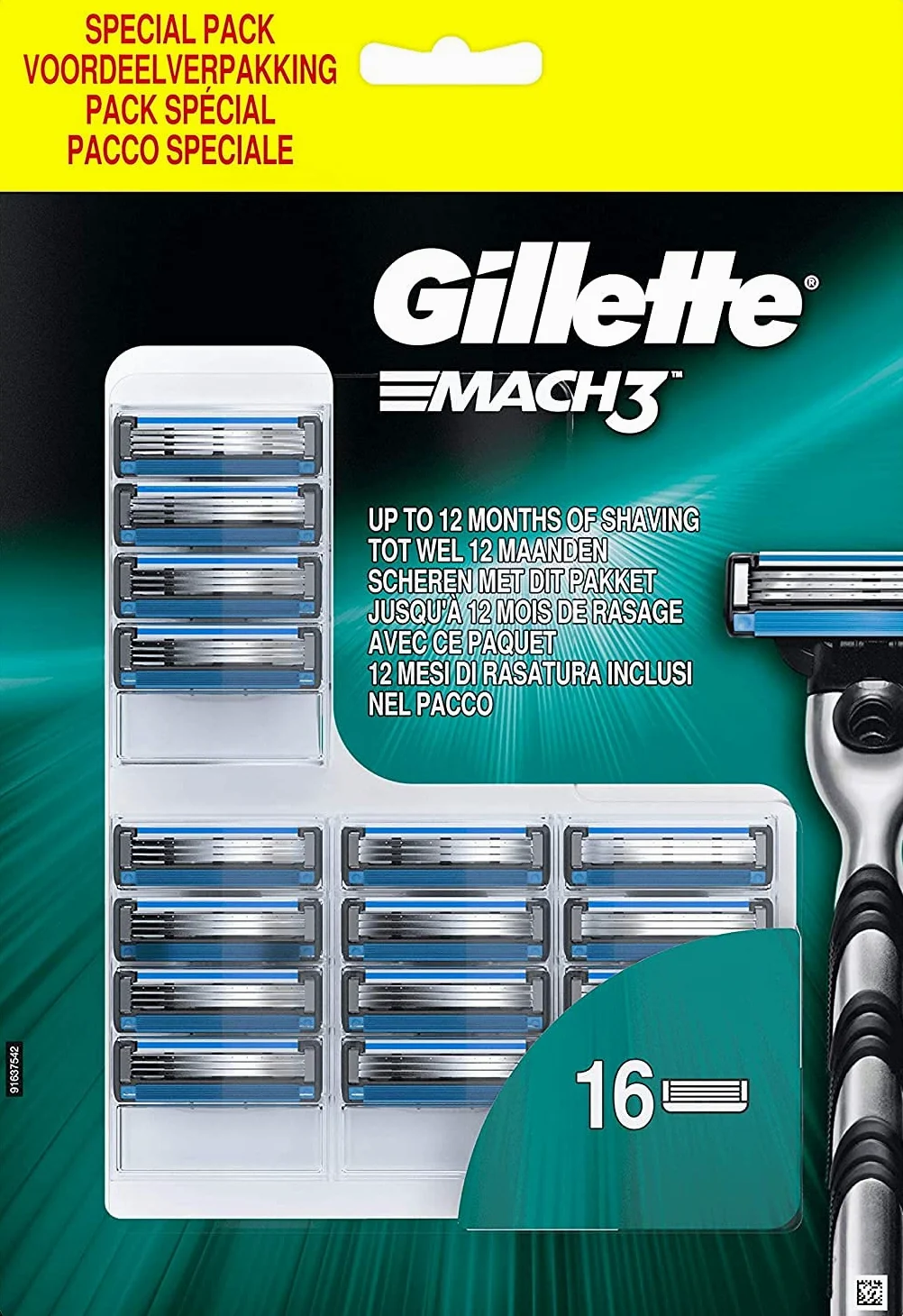 Gillette Mach3 Cuchillas de Afeitar Hombre, Paquete de 16 Cuchillas de Recambio