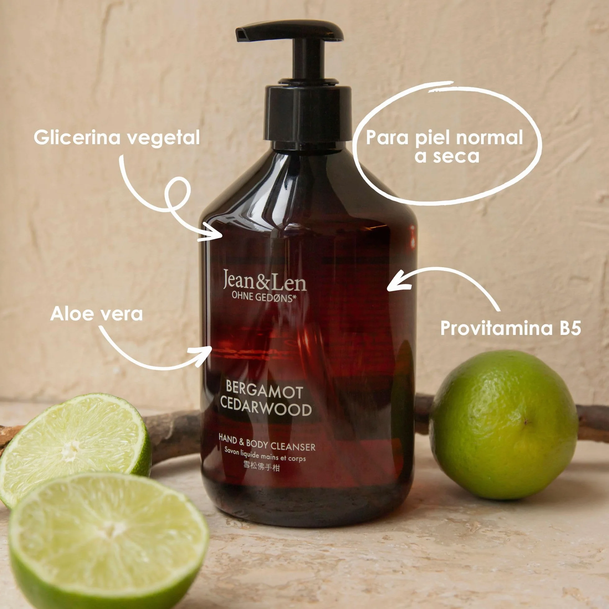 Jean & Len Hand & Body Cleanser Bergamot & Cedarwood, jabón corporal y de manos, aroma fresco mediterráneo, vegano, 500 ml