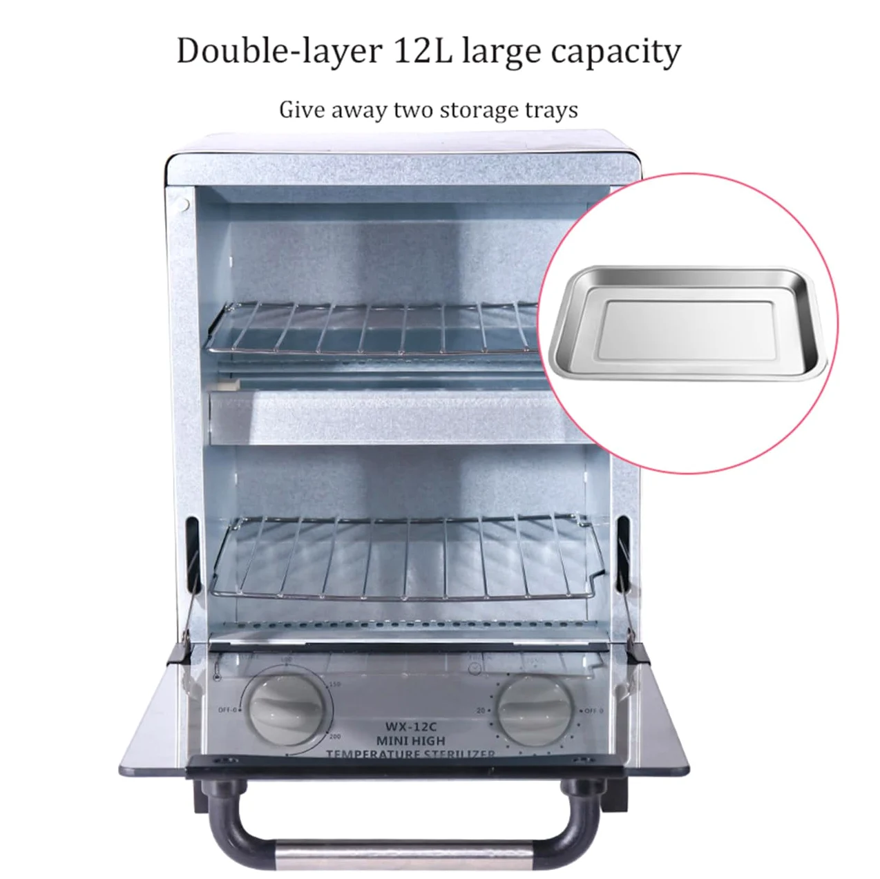 Esterilizador de alta temperatura para herramientas de uñas, esterilizador de calor seco de doble capa de 1000 W, capacidad de 12 litros, 100-250 ℃ con temporizador de 30 minutos para médicos