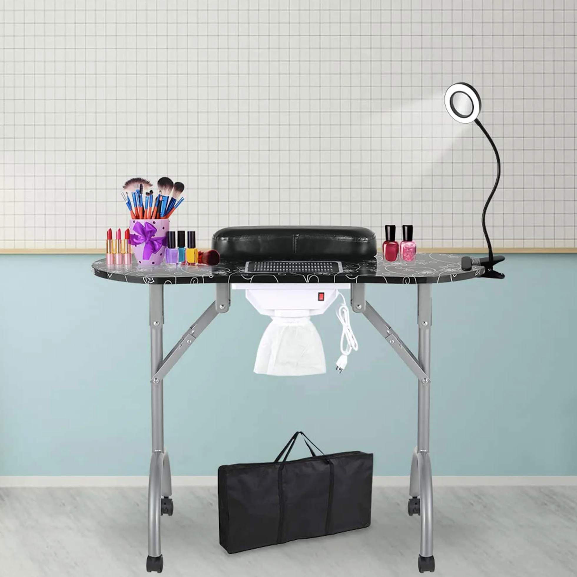 Leibau35 'l manicura plegable y transpirable manicura manicura estación de trabajo Salón Spa con Luz LED USB amplificada, aspiradora de ventilador, esponja, bolso