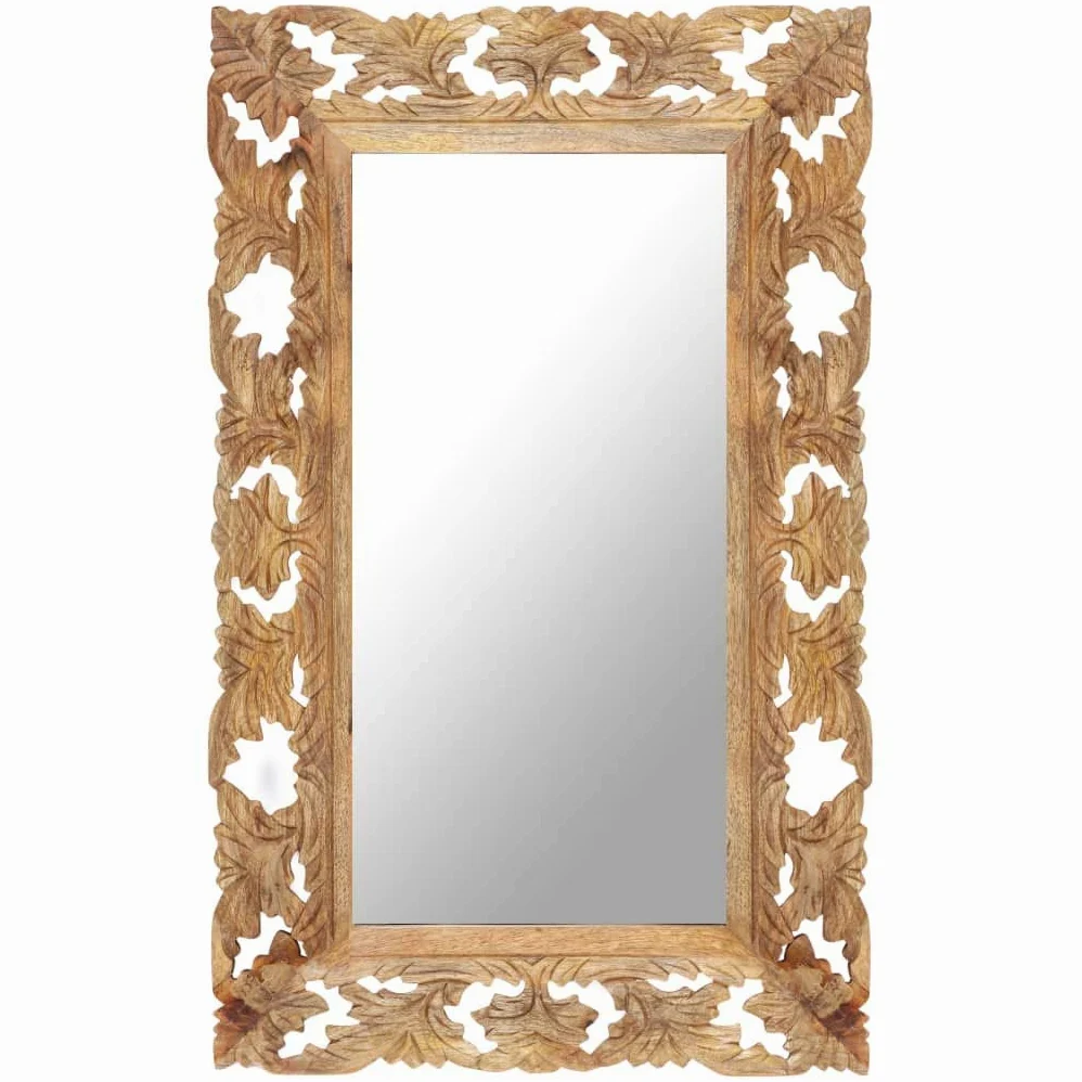 Espejo tallado a mano marrón de madera maciza de mango 80 x 50 cm con acabado natural para salón, baño, pasillo, decoración, cosméticos, maquillaje, cuerpo entero