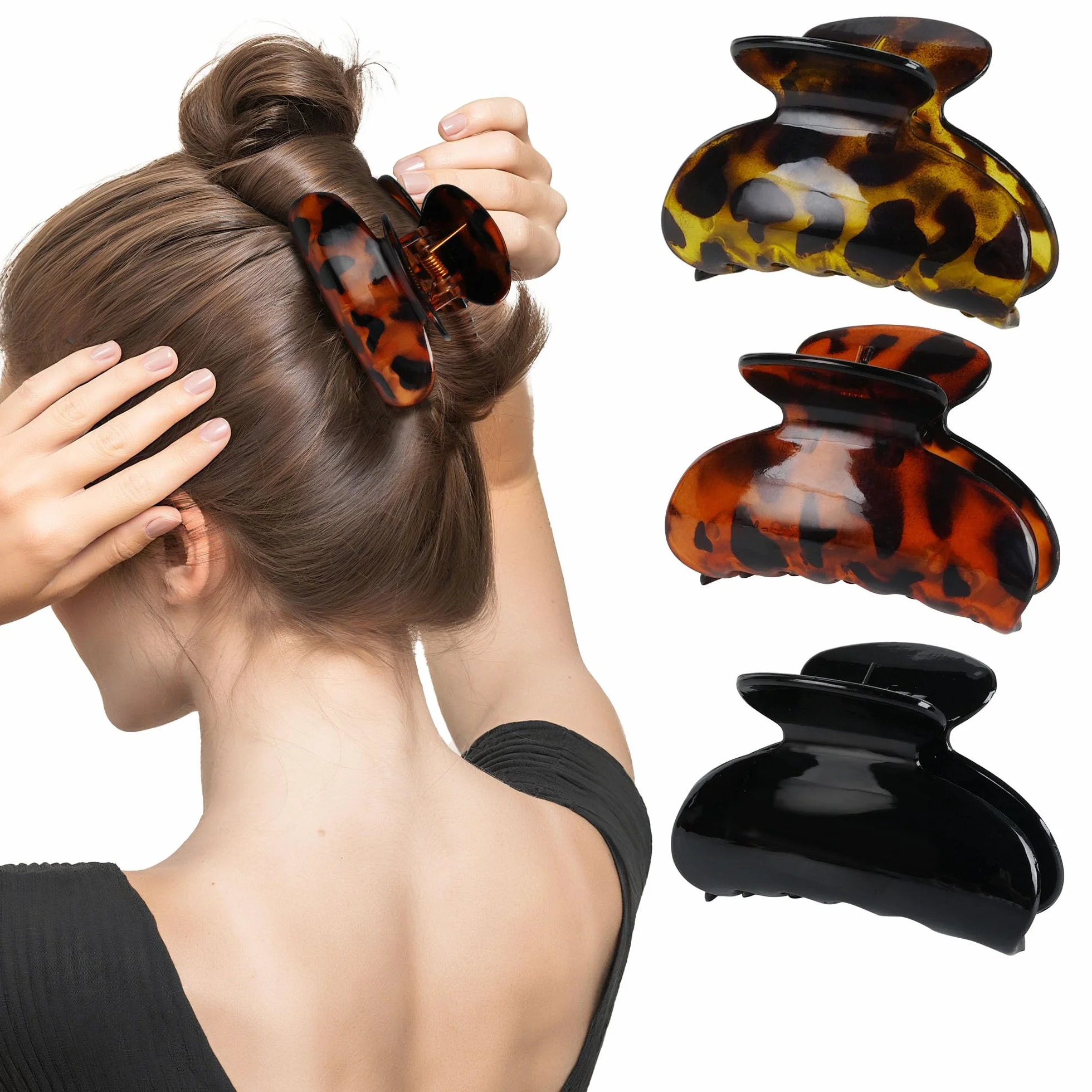 Pinzas para el pelo de plástico negro con estampado de leopardo 7 cm x 4 cm Juego de 3