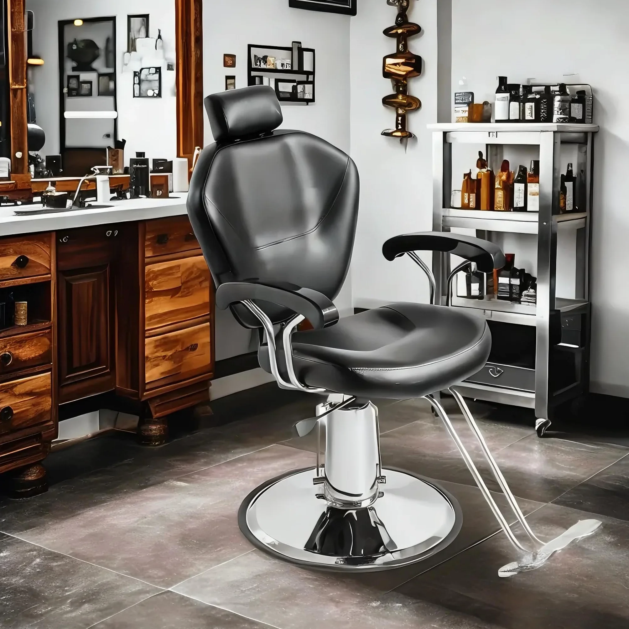 Silla de Peluquería Reclinable Hidráulica 360° Piel Sintética 90x65x100 cm Negro