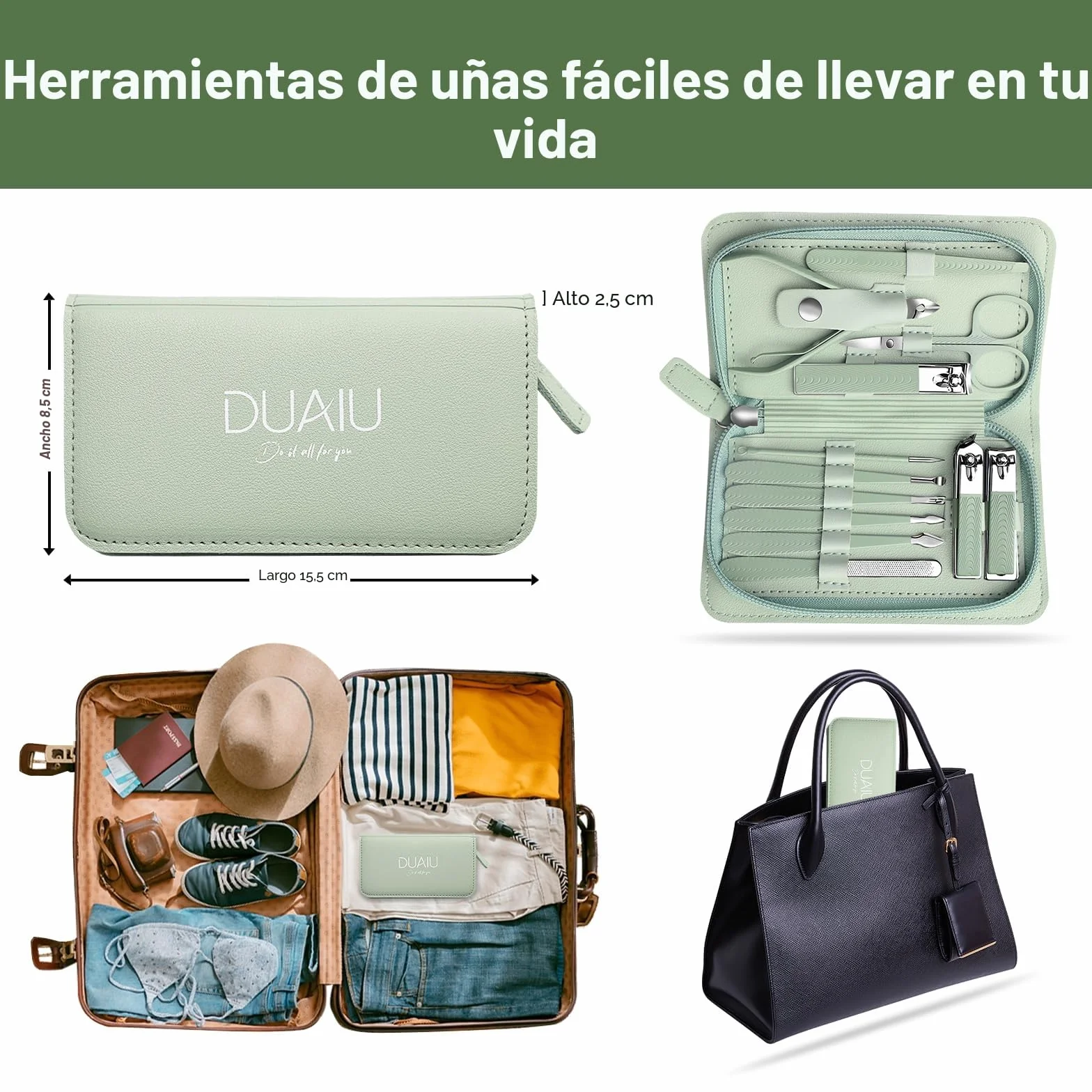 Kit de Manicura y Pedicura Profesional 12 Piezas, Acero Inoxidable con Estuche de Viaje