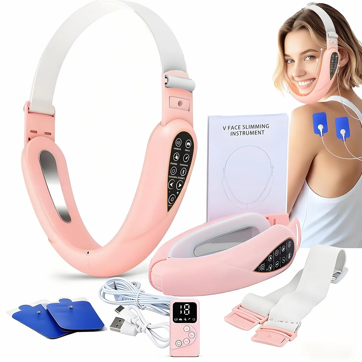Masajeador eléctrico V-Face Shaping + electroestimulador versión 2026 | Eliminador y tonificador de papada | Masajeador facial EMS, fototerapia roja y azul, 5 modos de terapia + mando a distancia