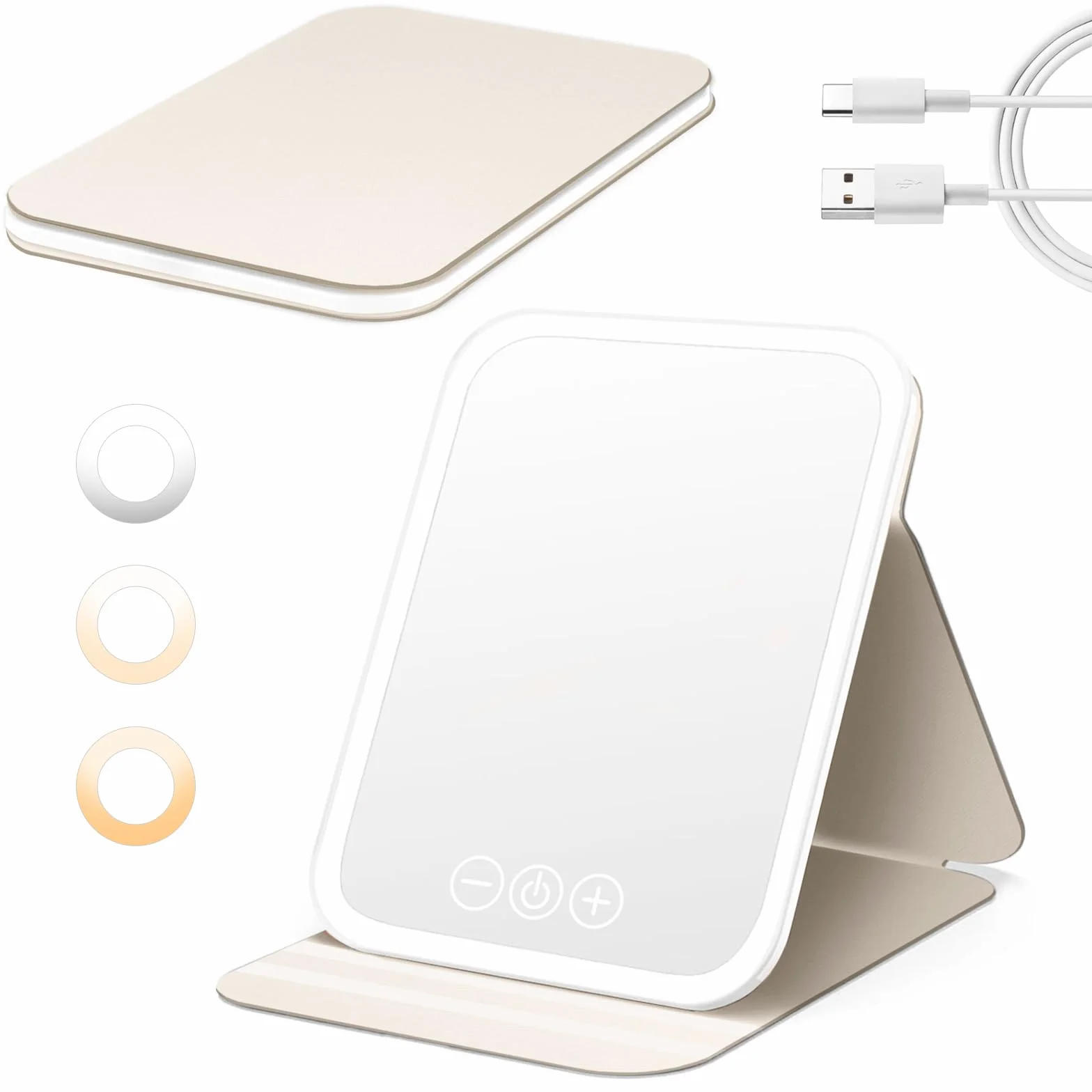Espejo de Maquillaje con Luz Recargable Portátil Plegable Ultra HD 3 Colores Brillo Ajustable Memoria Blanco