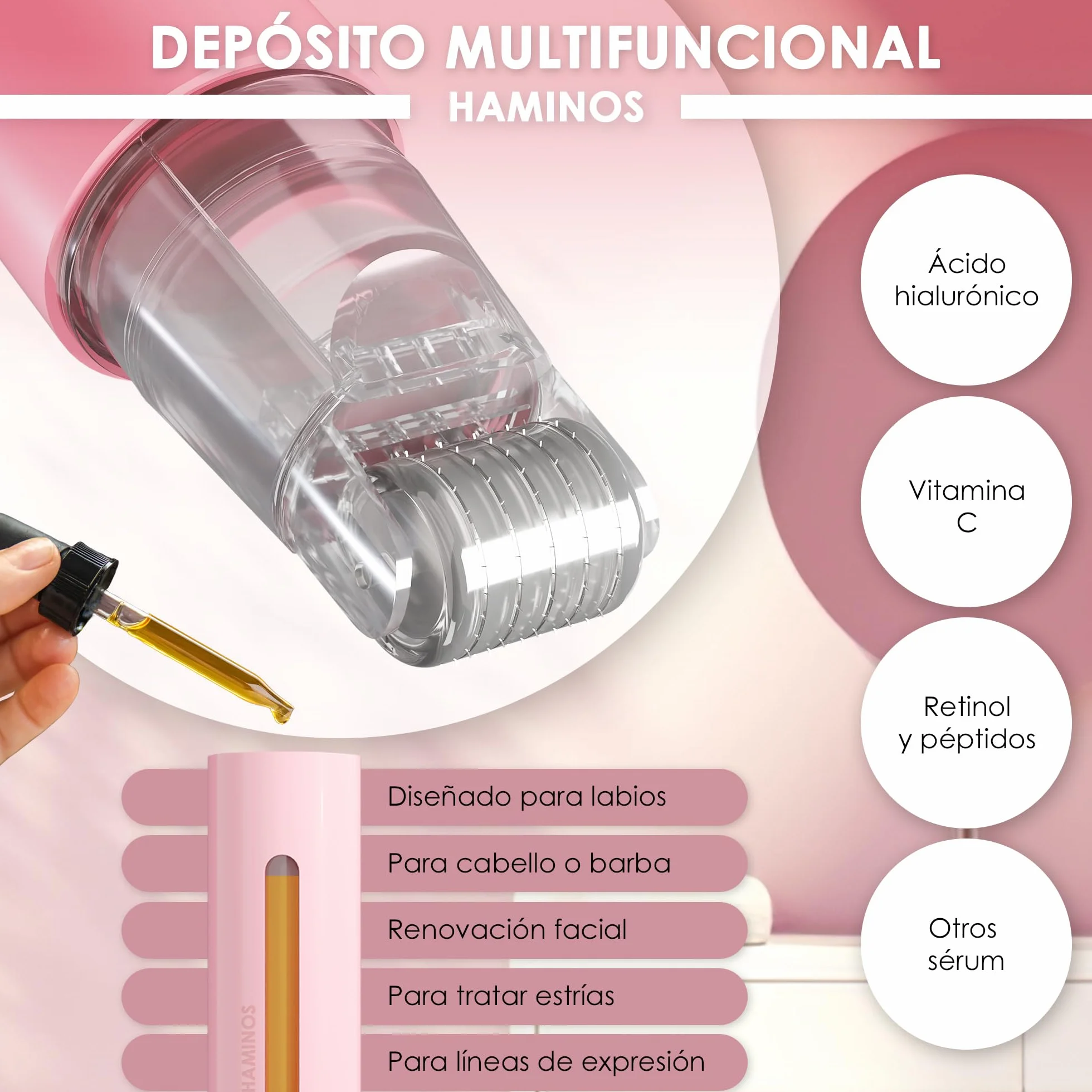 HAMINOS Derma Roller 0,25 mm 2.0 con Depósito para Labios, Piel, Cabello, 105 Agujas de Titanio