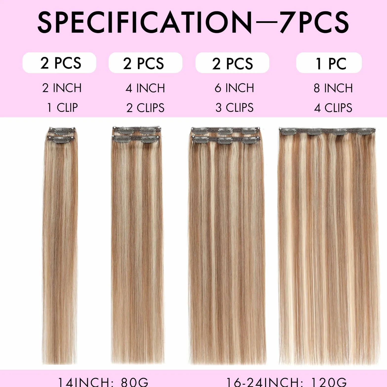Extensiones de Pelo Natural Clip 60cm 120g 7pcs Human Hair Extension 24Inch
