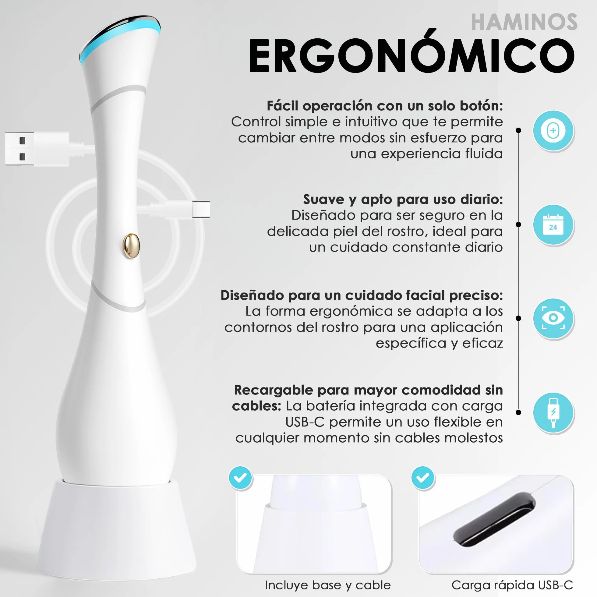 HAMINOS Masajeador Facial 4 en 1 con Calor, Vibración, Luz Roja y Azul, Función Iónica Galvánica, Recargable USB-C