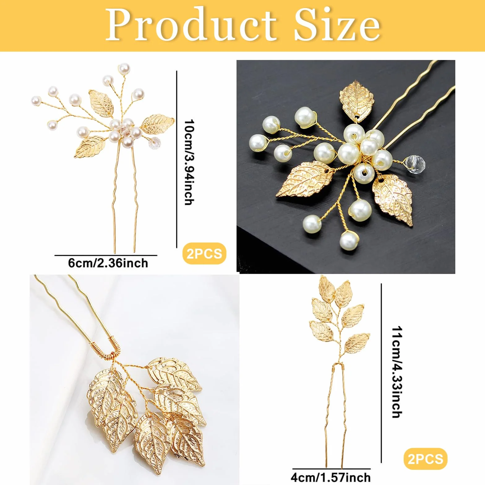 Pinzas para cabello de novia hojas doradas perlas de cristal vintage 4 piezas