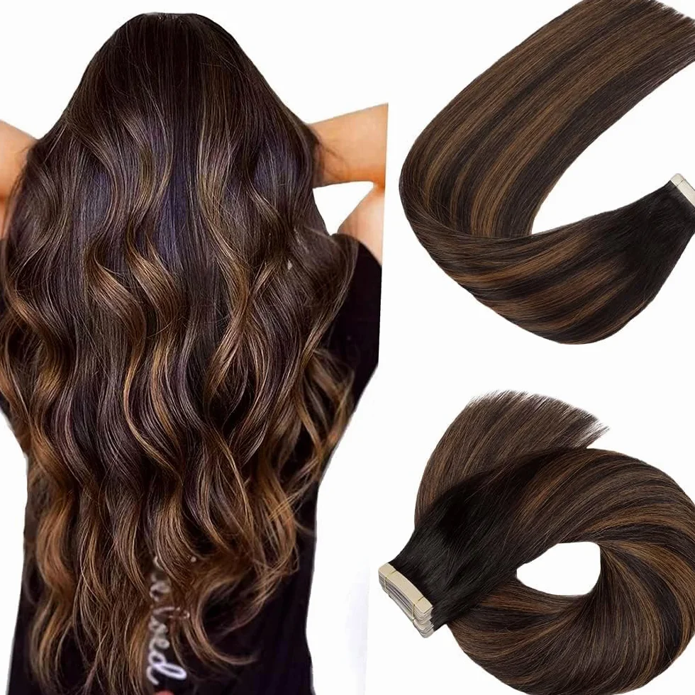HotLulana Extensiones Adhesivas Pelo Natural Negro Marrón Castaño 1B/1B/6 40pcs 60cm 100g 24pulgadas Invisible Skin Weft Tape