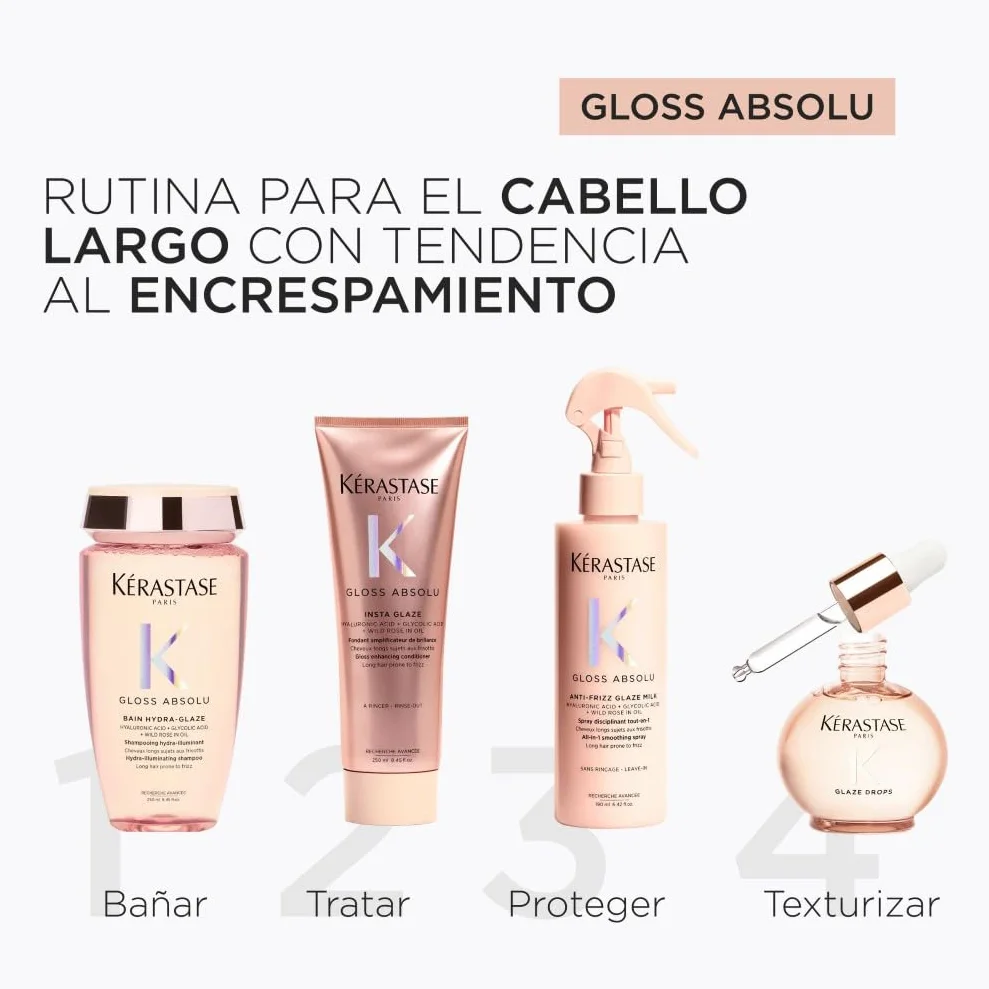 Kérastase Gloss Absolu Anti-Frizz Glaze Milk, Spray Multibeneficios Todo en Uno para Cabello con Tendencia al Encrespamiento, Con Ácido Glicólico, Ácido Hialurónico y Rosa Silvestre en Aceite, 190ml