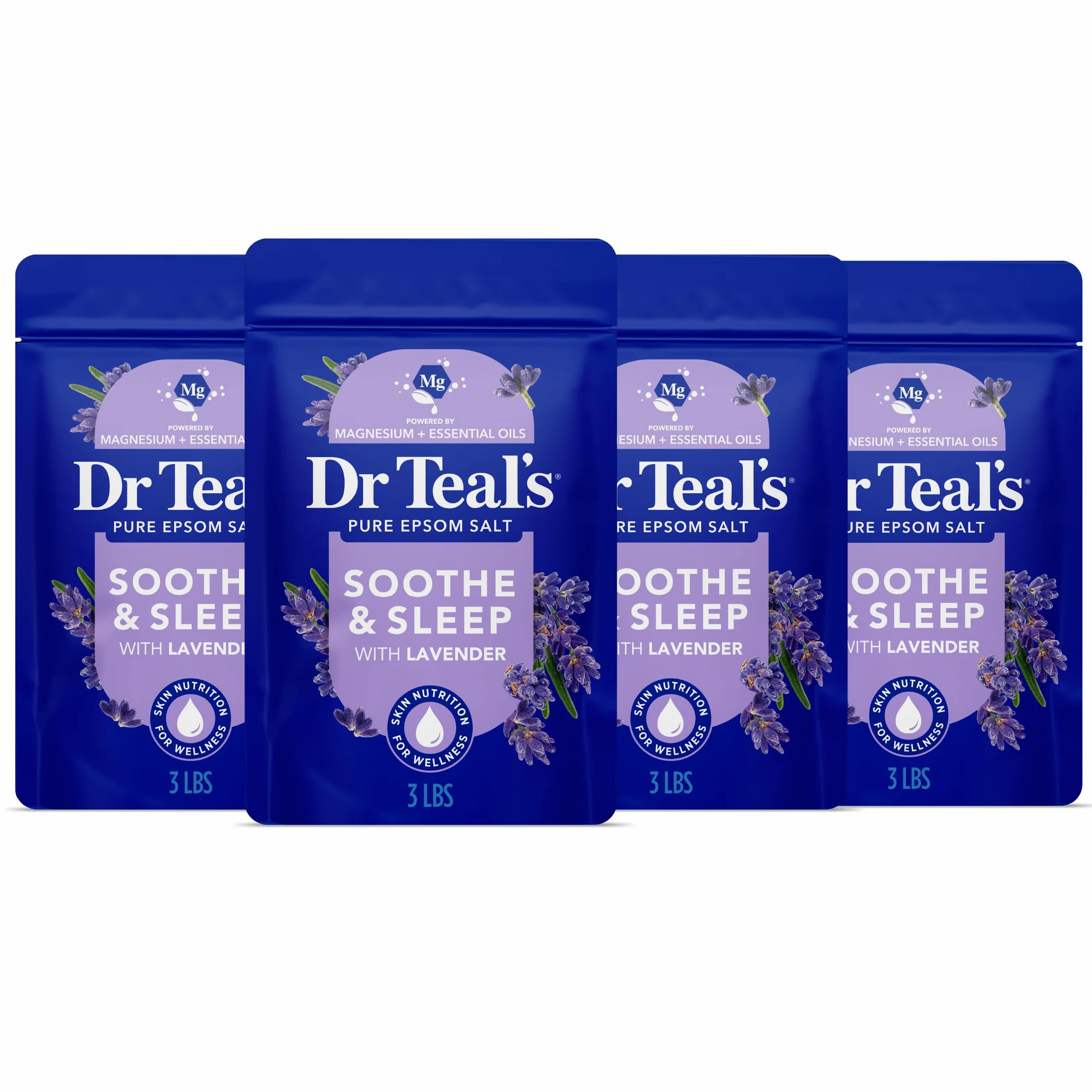 Dr Teal's Pure Epsom Salt, Soothe & Sleep with Lavender, 3 lb (Pack of 4) (Packaging May Vary)