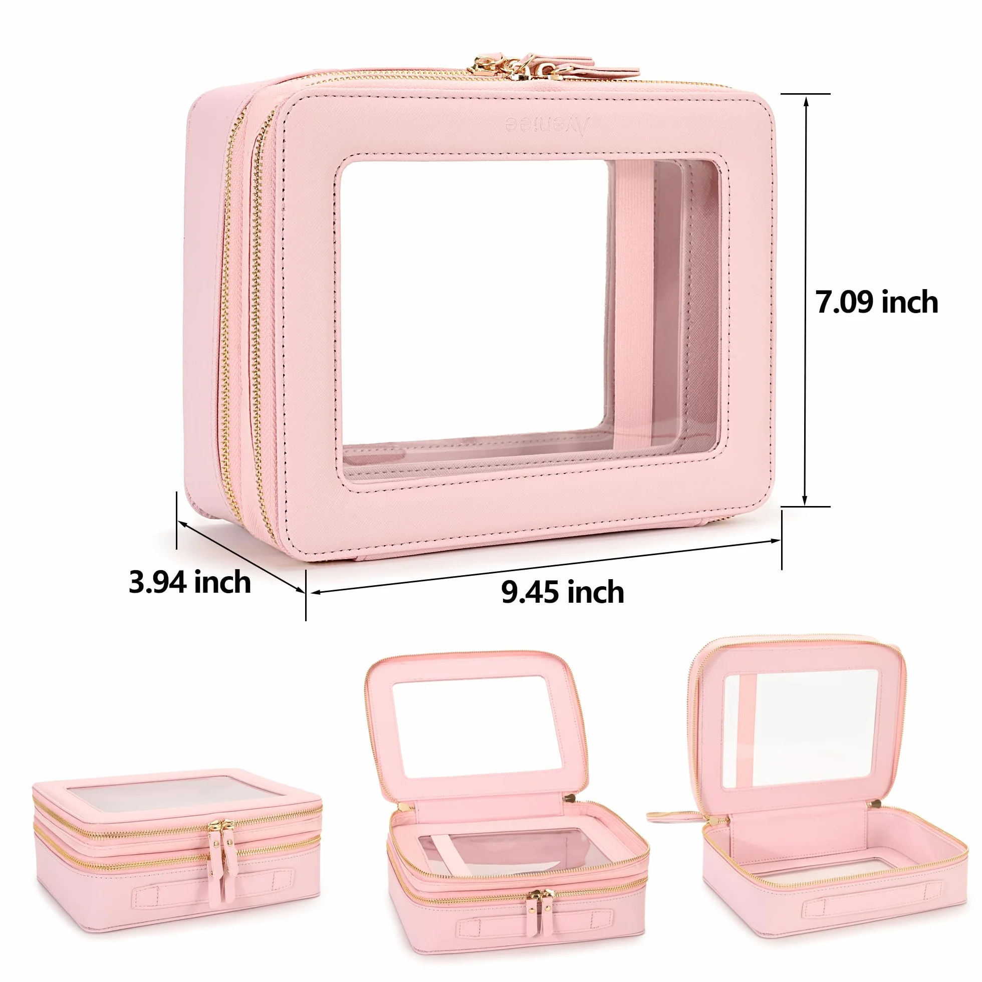 Aveniee Bolsas de maquillaje transparentes, neceseres de doble capa con compartimento separado para brochas, neceser de viaje para mujer, organizador de accesorios de viaje para bolso (2 capas, grande