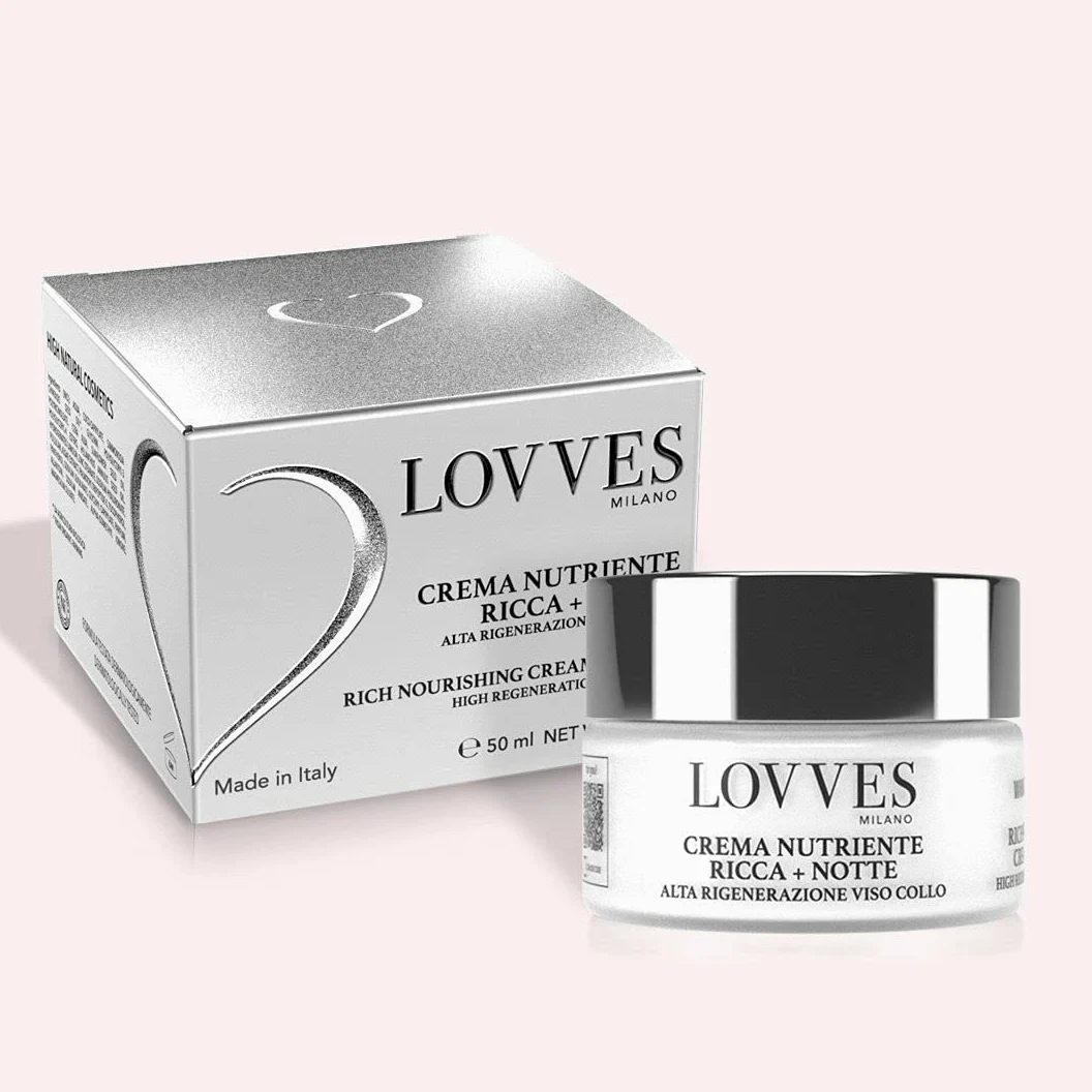 LOVVES Crema Facial Rica Nutritiva, para Día y Noche, Alta Cosmética Natural, Antiarrugas, Favorece la Producción de Colágeno, Hidratante, Regeneración Rostro Cuello,Tarro Cristal 50 ml