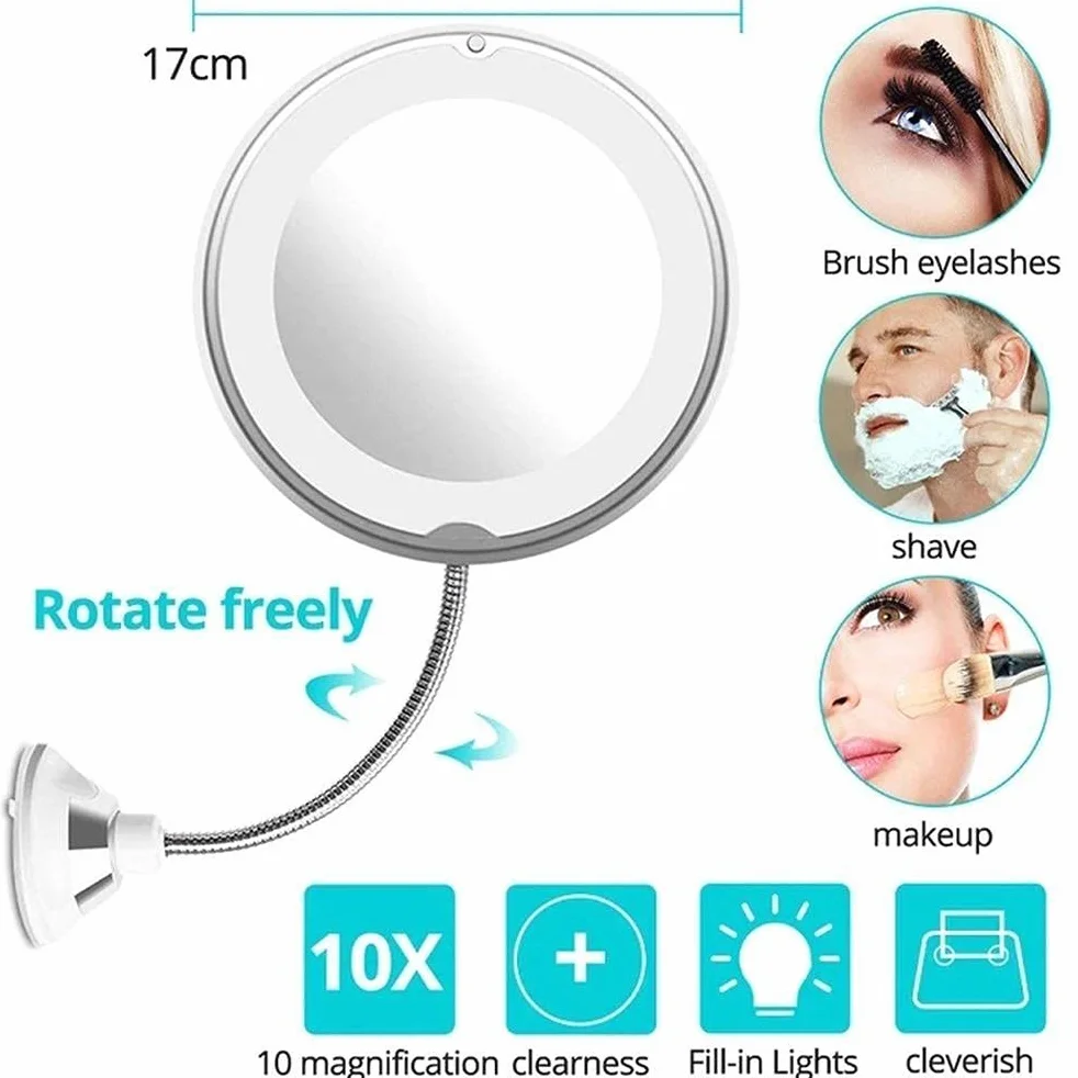 Yctze Espejo de Aumento 10X con Luz LED de Viaje, Cuello de Cisne Giratorio 360°, 14 Luces LED, Ventosa, Blanco