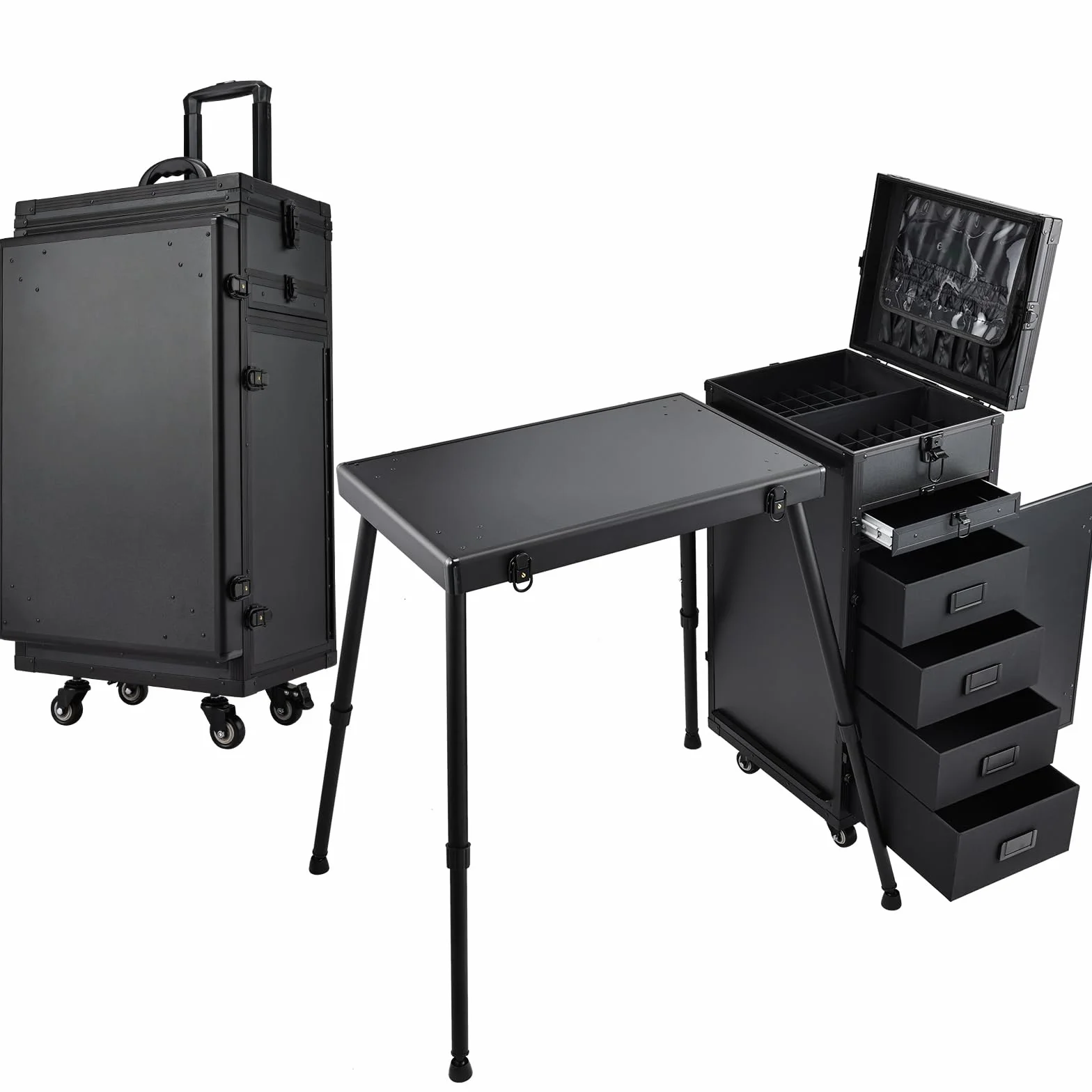Maleta de Maquillaje con Mesa y 5 cajones Maletín de Maquillaje Profesional con Ruedas Caja Maquillaje Maleta Peluquería Grande Mesa de Manicura móvil Trolley Maquillaje, Negro