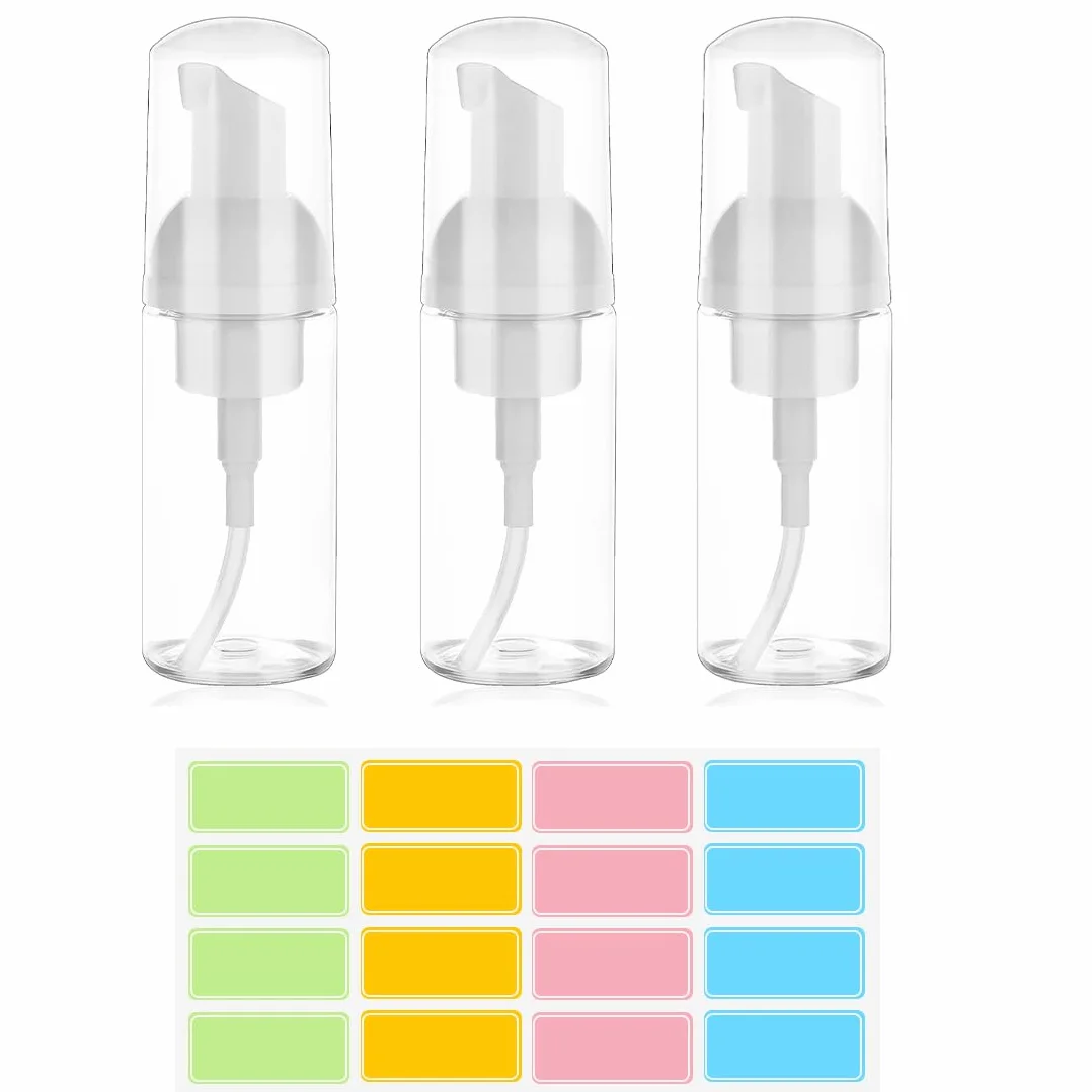 3 Piezas Dispensador Jabon Baño, 50 ml Botella de Espuma, Dispensador Jabon Baño Plástico Transparente, Botes para Gel y Champu Rellenables, para Viajes, Baño y Hoteles