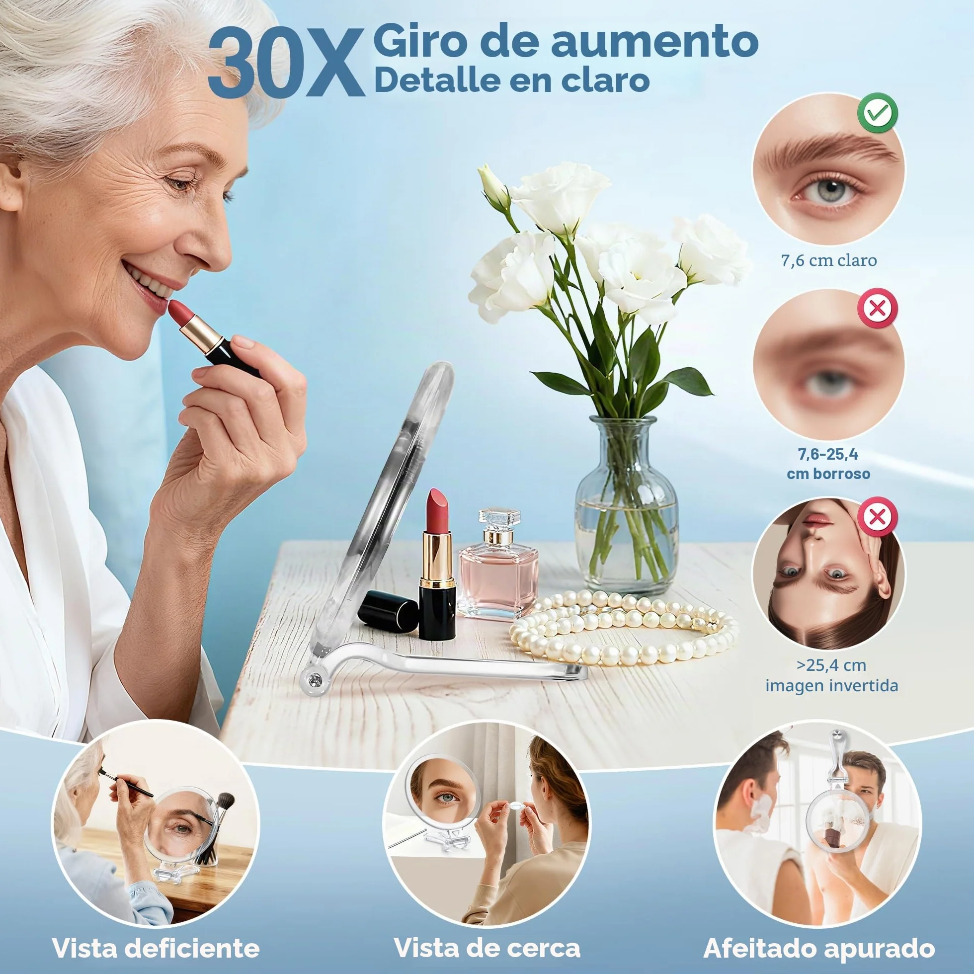 MIYADIVA Espejo de Maquillaje 30 Aumentos Doble Cara 1X/30X Espejo de Mano con Mango