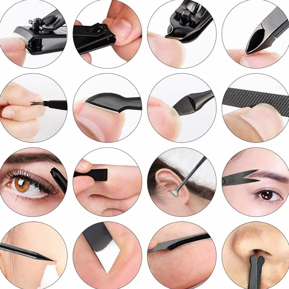 Juego de manicura, kit de cortaúñas profesional, herramientas de cuidado de pedicura de acero inoxidable con estuche de almacenamiento para hombres, mujeres, viajes y hogar-D_Juego de 16 piezas (azu