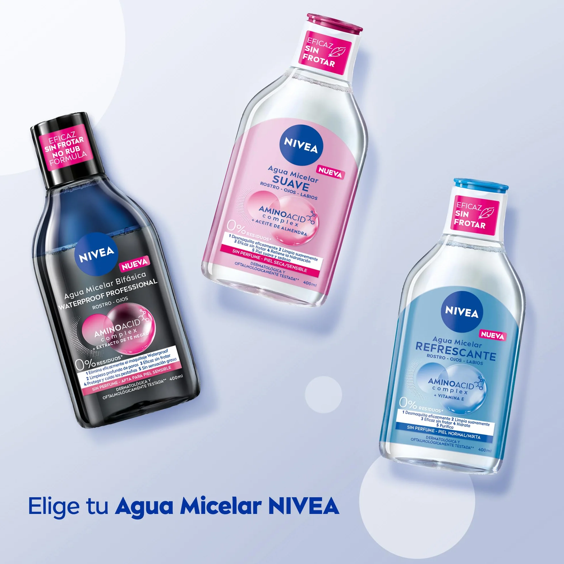 NIVEA Agua micelar Bifásica Waterproof 6 x 400 ml pack, desmaquillante facial con extracto de té negro