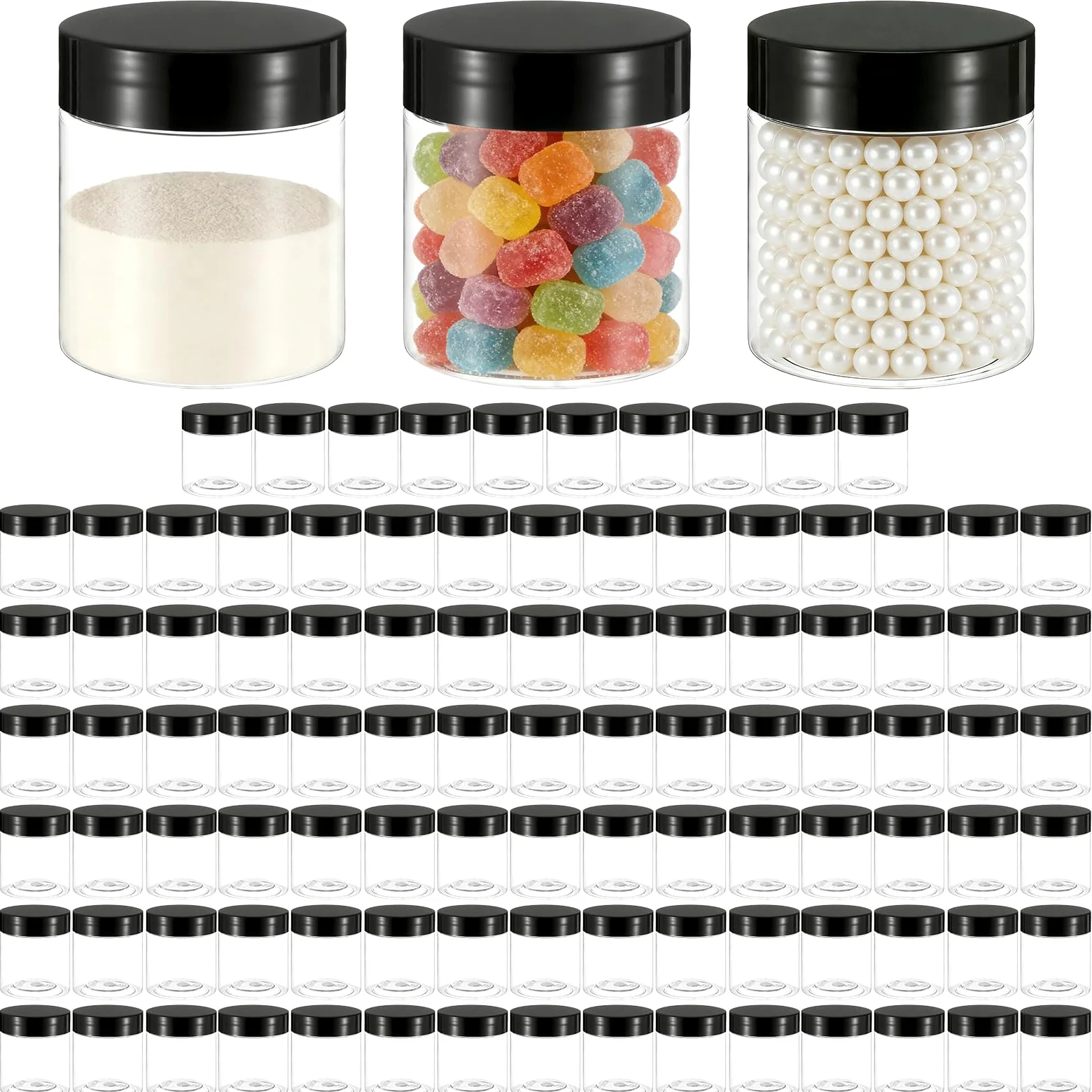Paquete de 100 tarros de plástico redondos transparentes de 4 onzas con tapas negras, tarros pequeños de boca ancha a prueba de fugas para loción, crema, ungüentos, maquillaje, sombra de ojos