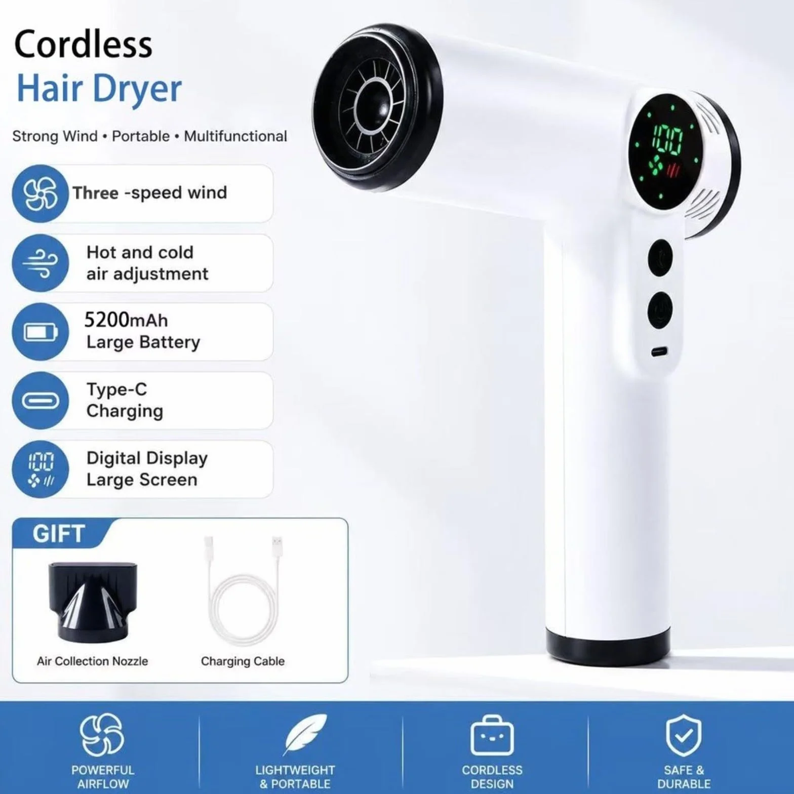 Secador de pelo portátil inalámbrico recargable por USB, secador de pelo de viaje con boquilla, ligero, ABS, compacto, para uso en casa, gimnasio, viajes (gris)