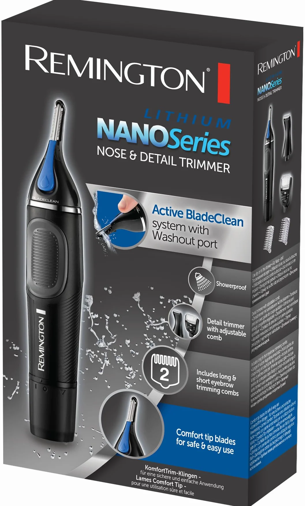 Remington Cortapelos Nariz y Orejas Nano Series NE3870, Recortador Vertical Resistente Agua, 2 Peines
