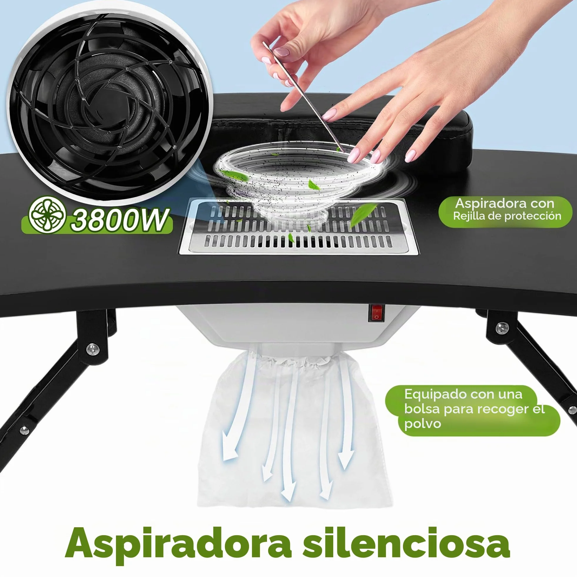 UISEBRT Mesa de manicura plegable con aspiración Mesa de uñas portátil Mesa de manicura portátil con ruedas Mesa de manicura móvil, color negro