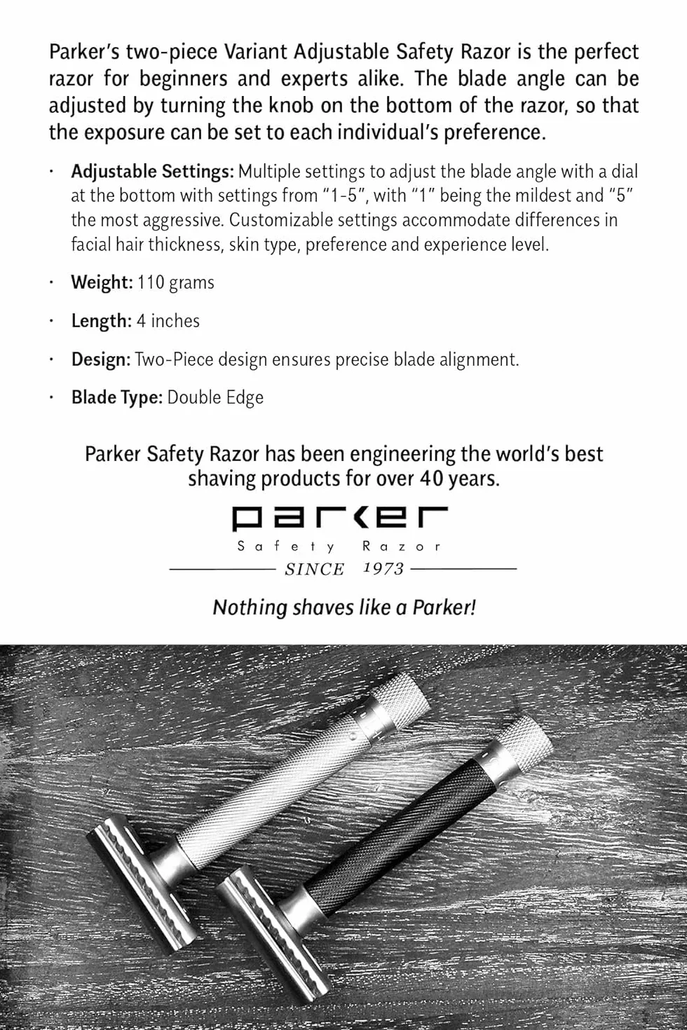 Parker Safety Razor Ajustable de Dos Filos con 5 Cuchillas Premium - Grafito Metálico