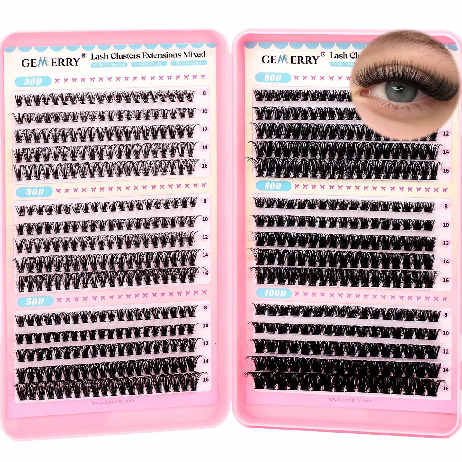 GEMERRY Pestañas Postizas D Curl 8-16mm Mix 30D-100D Pelo a Pelo Cluster Lashes