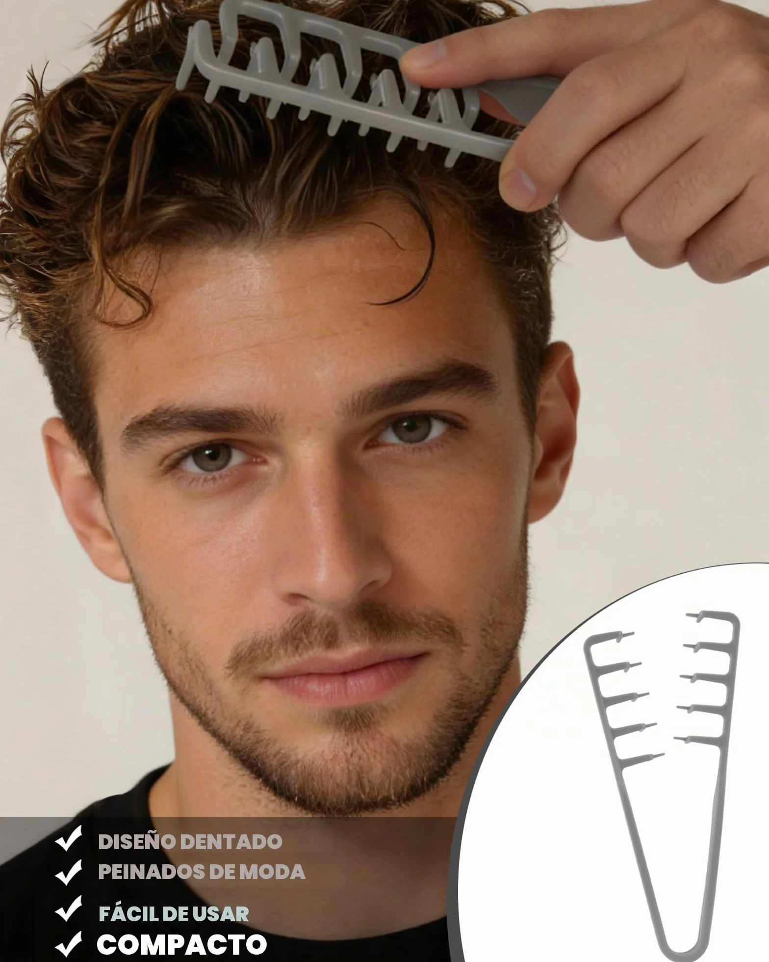 Peine Texturizador Hombre 1 Pieza, Dientes Anchos para Volumen de Raíces, Cabello Rizado - Gris