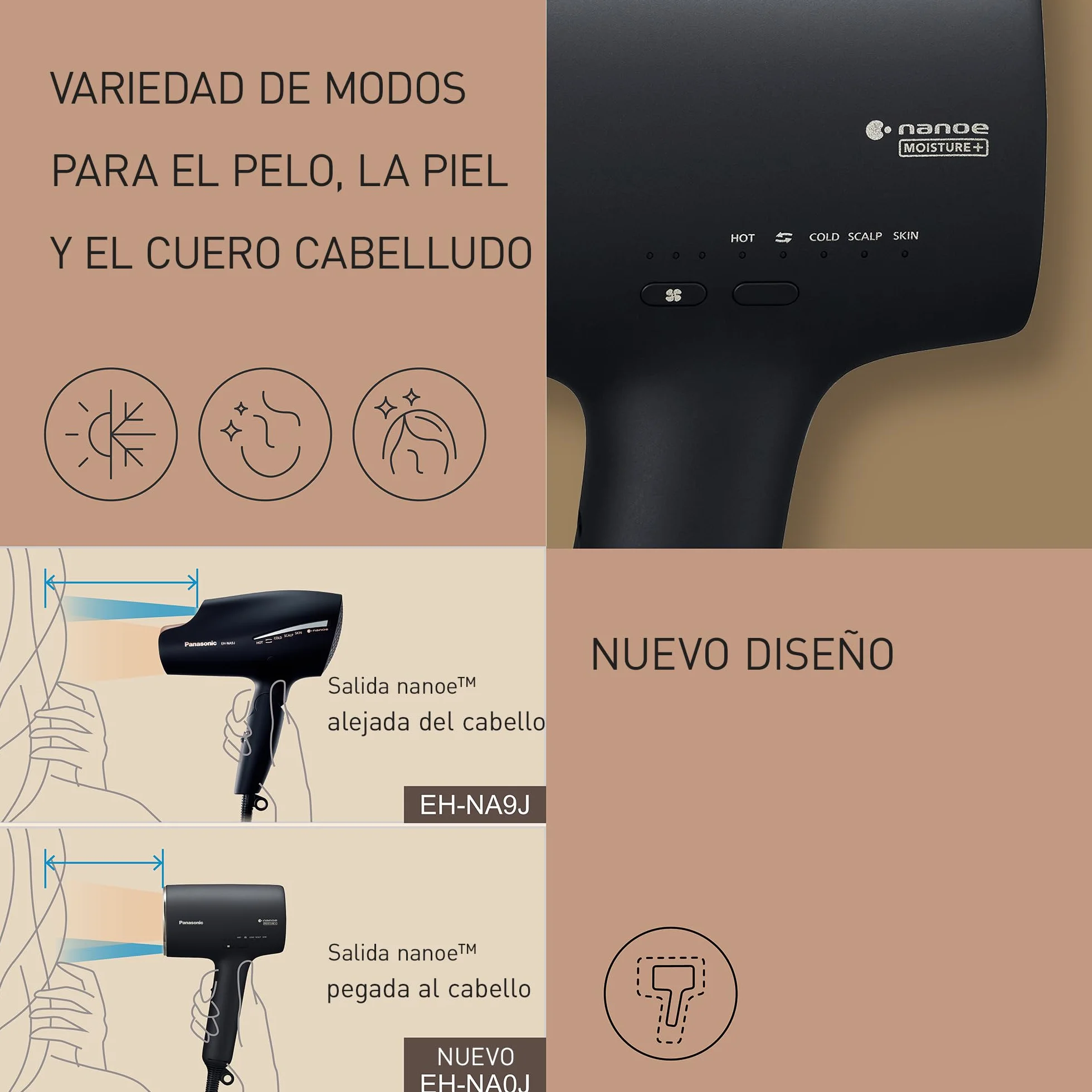 Panasonic EH-NA0J-N825 Nanoe MOISTURE+ y Secador de Cabello Mineral, if Desing Award, Detección Inteligente, Calor y Frío, Modos Cuidado de la Piel, Cuero Cabelludo y Puntas, 1600 W, Negro