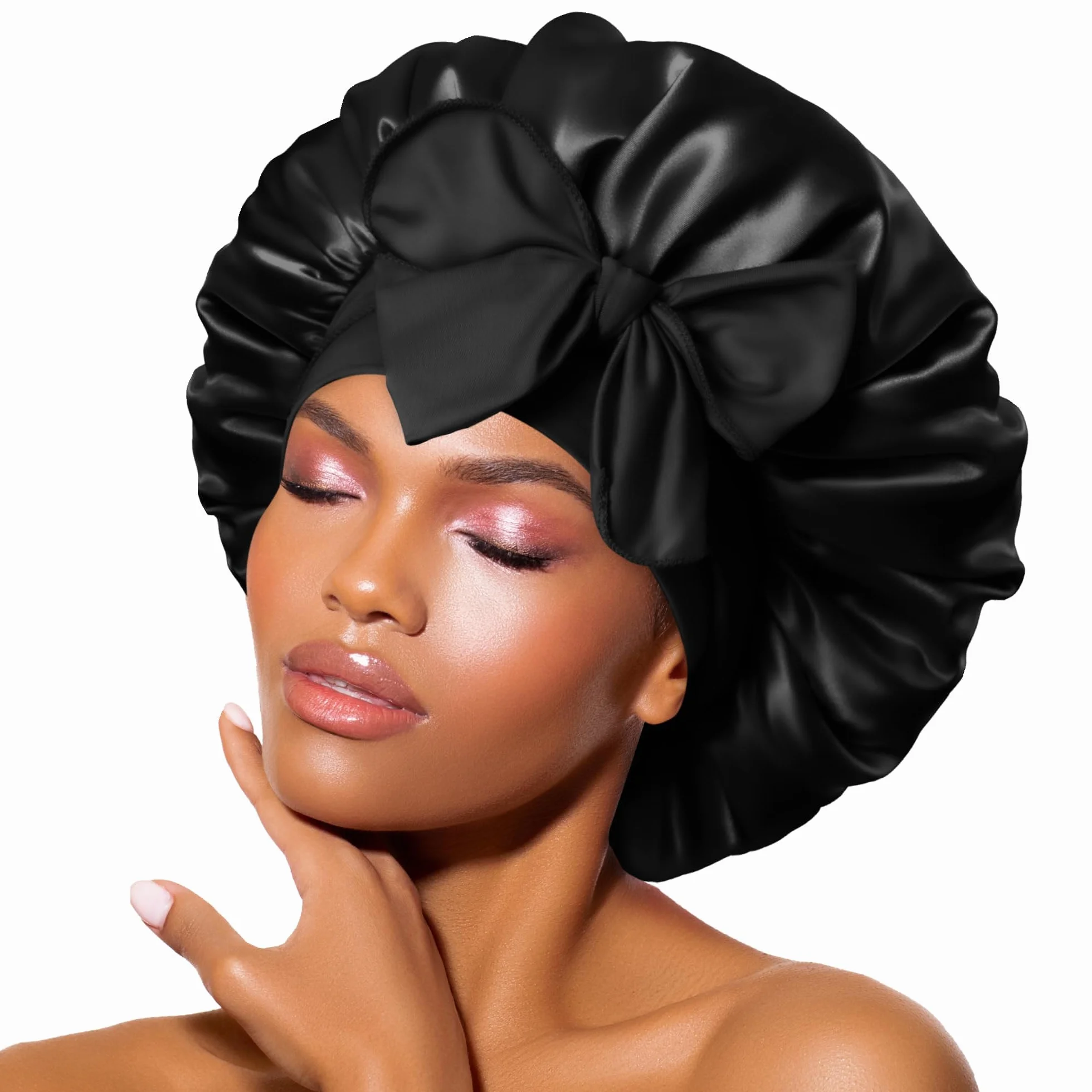 BONNET QUEEN Gorro de Seda para Dormir Ajustable Satin Pelo Rizado con Cintas Largo