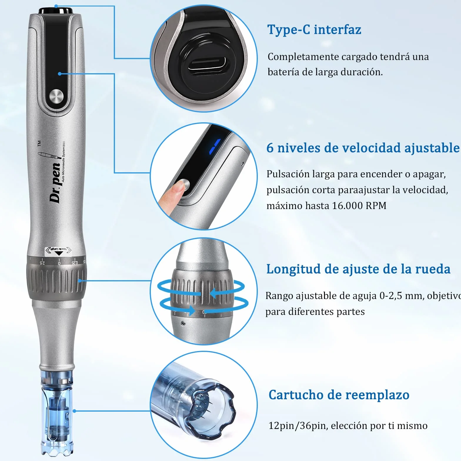 Dr.Pen M8S, microneedling pen con 6 x Cartuchos(3 x 12 Pin+3 x 36Pin), dermapen facial profesional, Inalámbrico y 6 Niveles de Velocidad, 0-2,5mm Profundidad ajustable, Plata