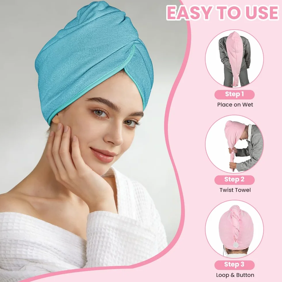 HOTUT Toalla Turbante para el Pelo Microfibra 2PCS Secado Rápido con Botón Anti-Encrespado Antideslizante Suave Cómodo Verde Rosa