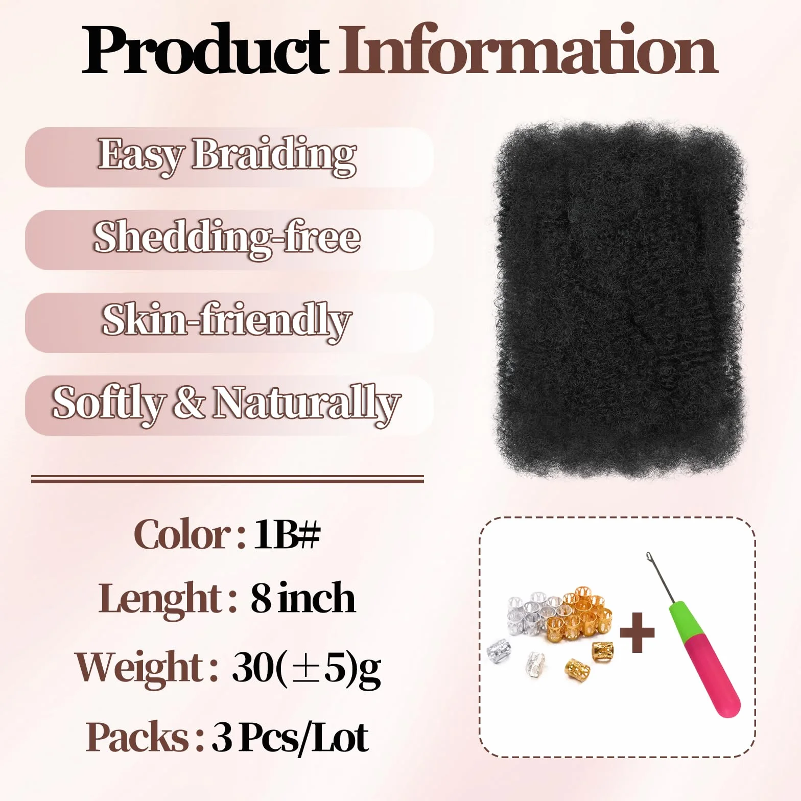 Afro Kinky Curly Braiding Bulk Hair Mini Twists Synthetic Cuban Twist Soft Locs Micro Spring Twist Dreadlocks 1B# 8 Inch Pack of 3