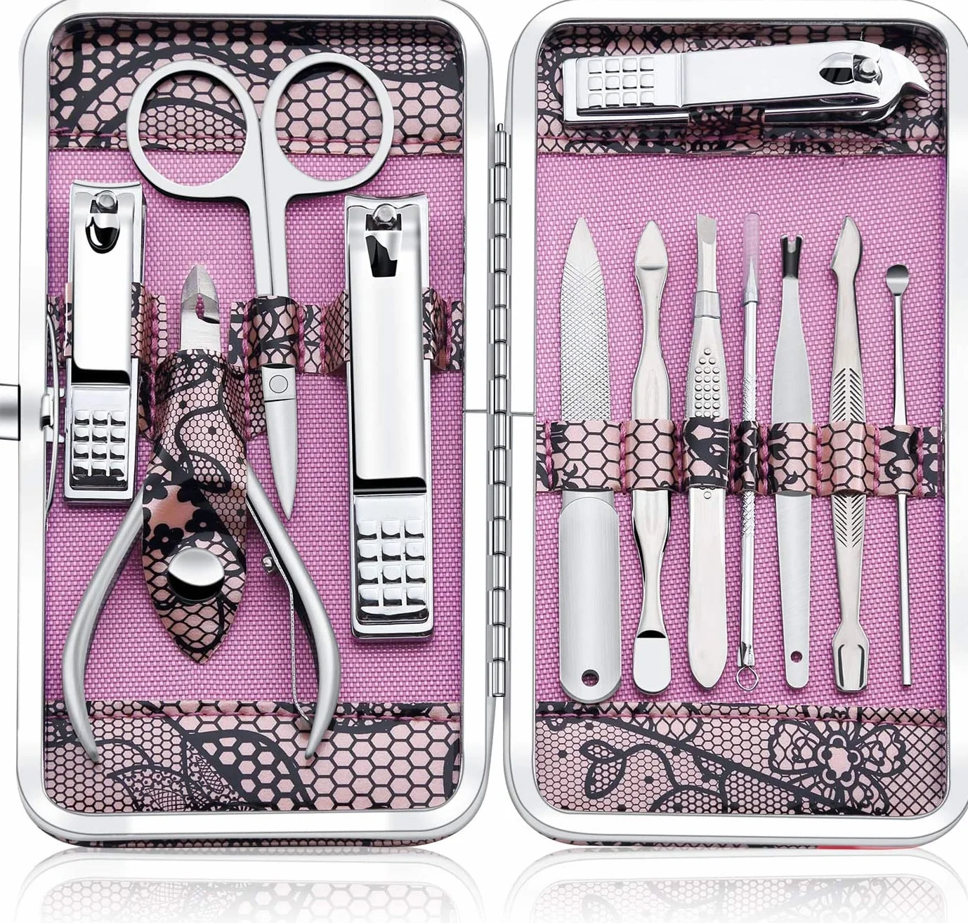 Keiby Citom Set Manicura y Pedicura Cortauñas Acero Inoxidable 12 Piezas Caja Rosa